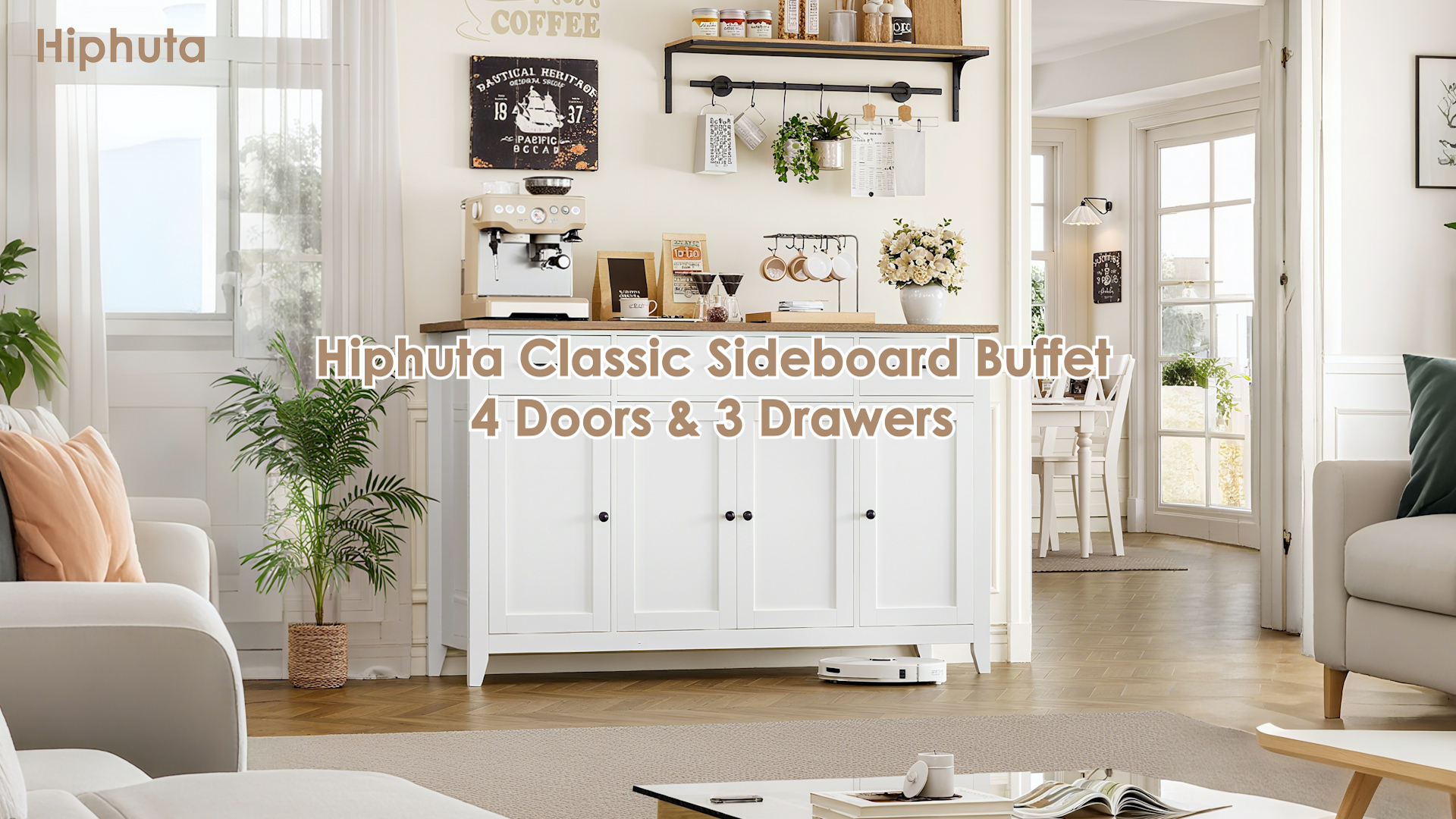 thumbnail video image 2 of Hiphuta 55"Wide Buffet Cabinet with 2 Adjustable Shelves, Modern Farmhouse Coffee Bar with 3 Drawers and Sturdy Base for Living Room, Black, 2 of 7