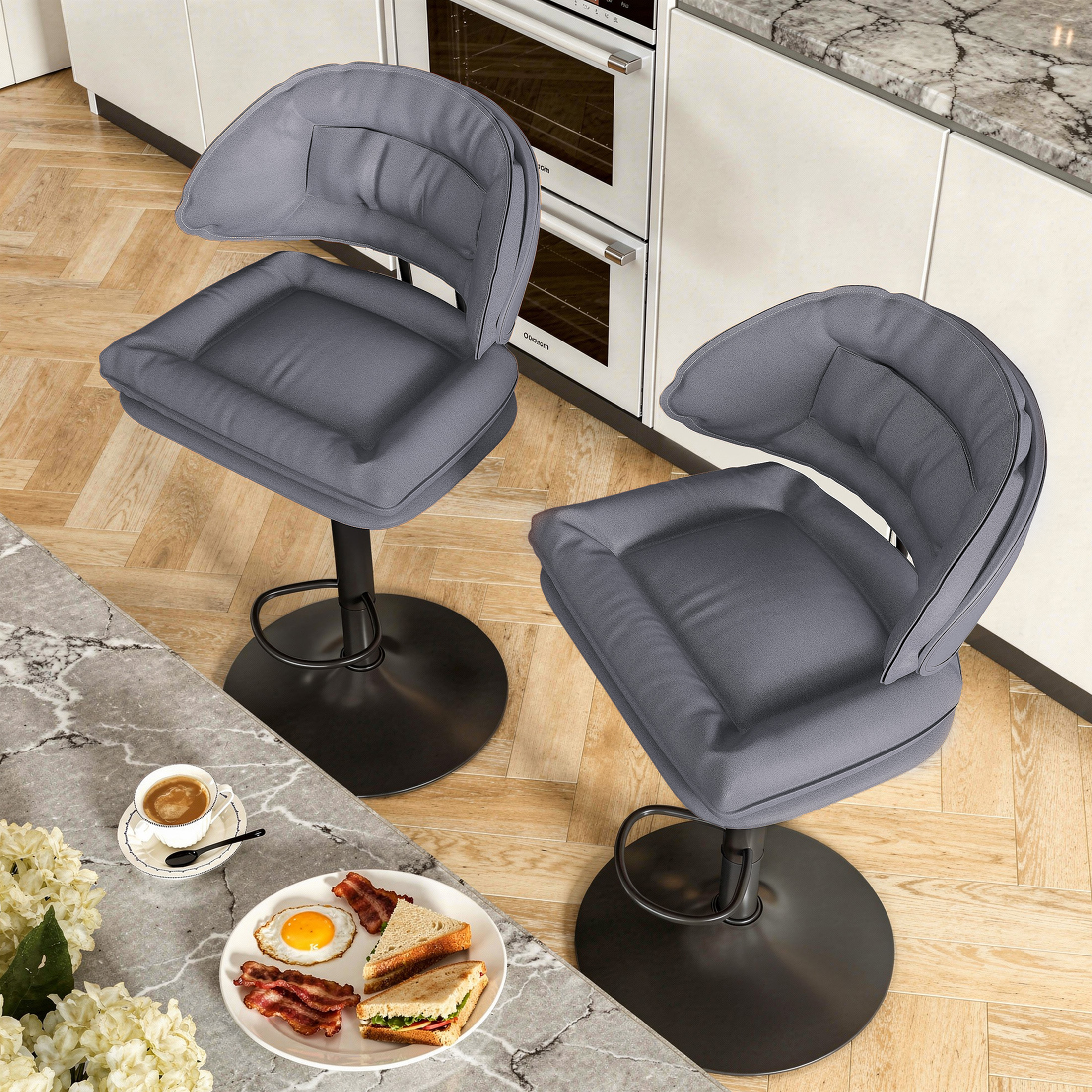 thumbnail video image 2 of Hawsaiy Modern Bar Stools Set of 4, Ergonomic Double-Layer Upholstered Bar Stools with Back, Adjustable Swivel Barstools for Kitchen Island, Brown, 2 of 12