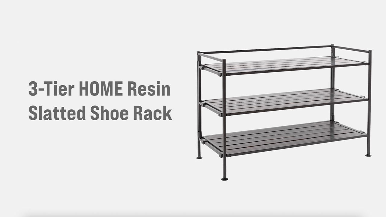 thumbnail video image 2 of Seville Classics 3-Tier Stackable Interlock 12-Pair Resin Slat Sturdy Metal Frame Shoe Storage Rack Organizer, Espresso Slat, 2 of 16
