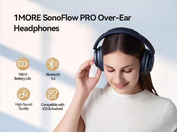 thumbnail video image 2 of 1MORE Sonoflow Pro HQ51 Bluetooth over-Ear Headphones with Built-in Mic, Silver, 2 of 9