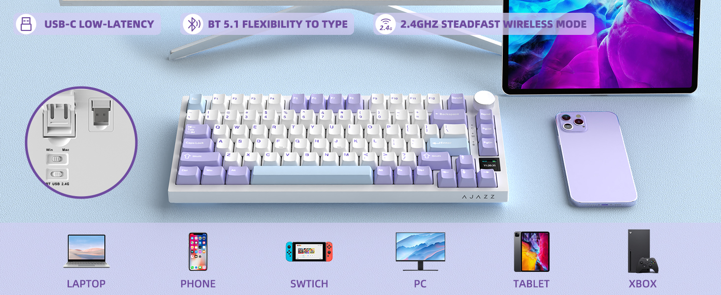 thumbnail video image 2 of AJAZZ AK820 Pro 75% Wireless Mechanical Keyboard with TFT Smart Display&Knob, Gasket-Mounted Gaming Keyboard, BT/2.4GHz/USB-C Wired (Purple, Flying Fish Switch), 2 of 10
