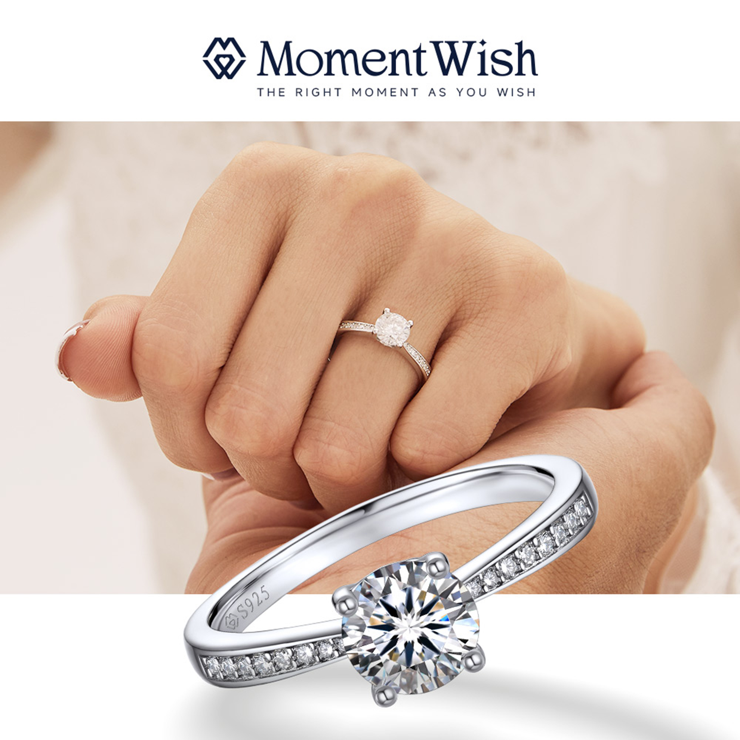 thumbnail video image 2 of MomentWish Promise Ring for Women, 1 Carat Moissanite Engagement Ring 925 Sterling Silver Wedding Band Size8, 2 of 9