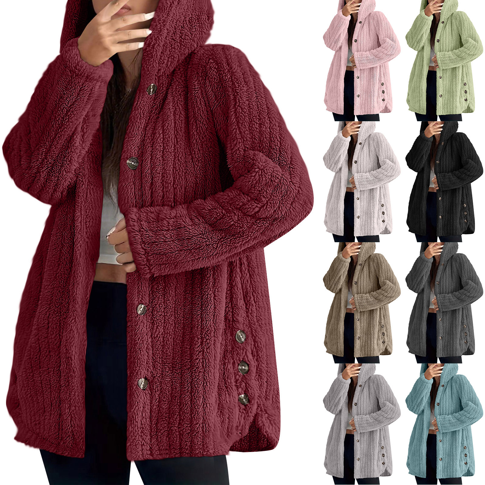 thumbnail video image 2 of Womens Coat Plus Size Women's Winter Long Sleeved Hooded Warm Jacket Solid Color Button Top Jacket,Beige_L, 2 of 9