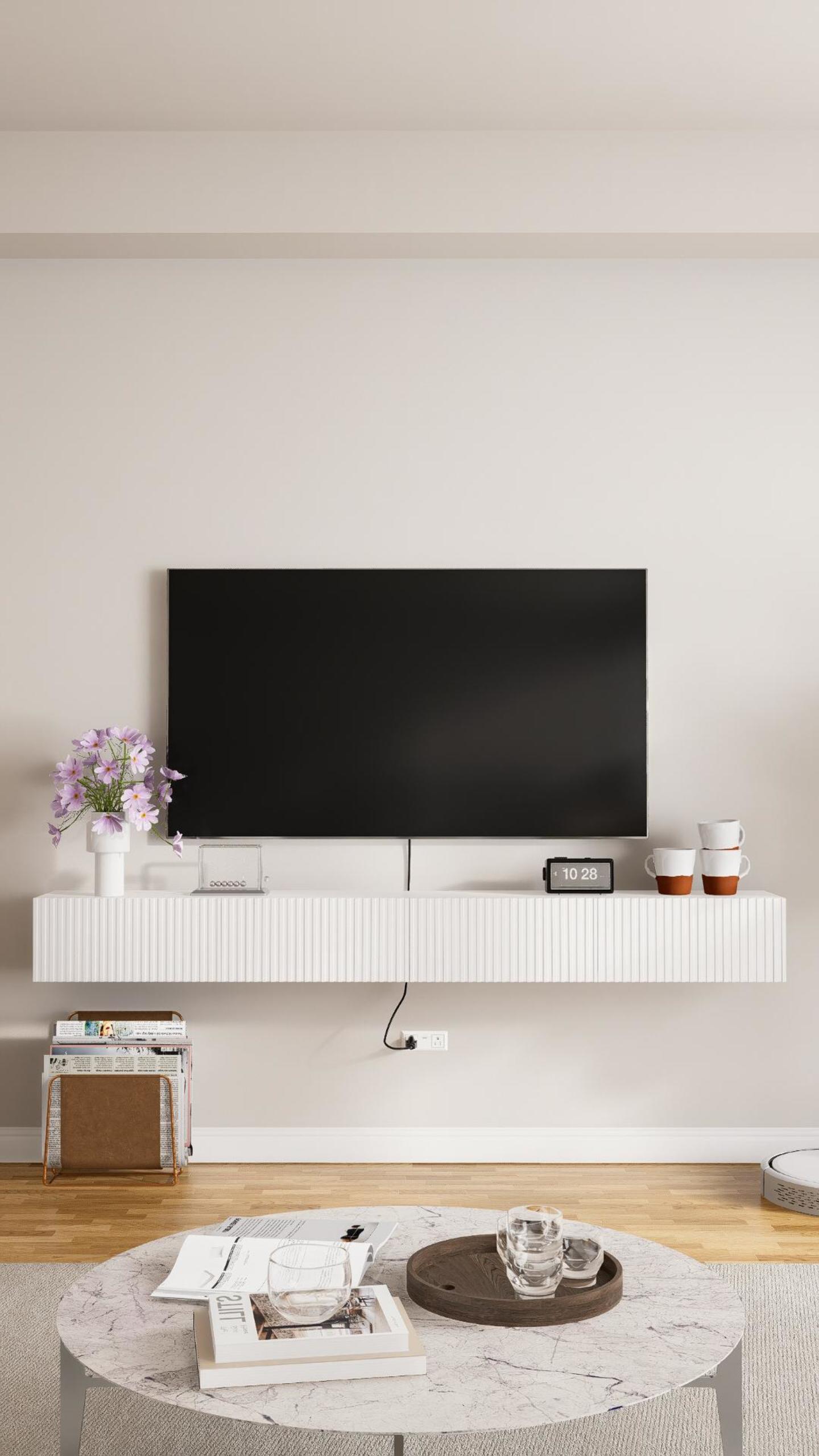 thumbnail video image 2 of 55" Fluted Floating TV Stand, Fully Assembled Wall Mounted Media Console for TVs up to 60", White, 2 of 15