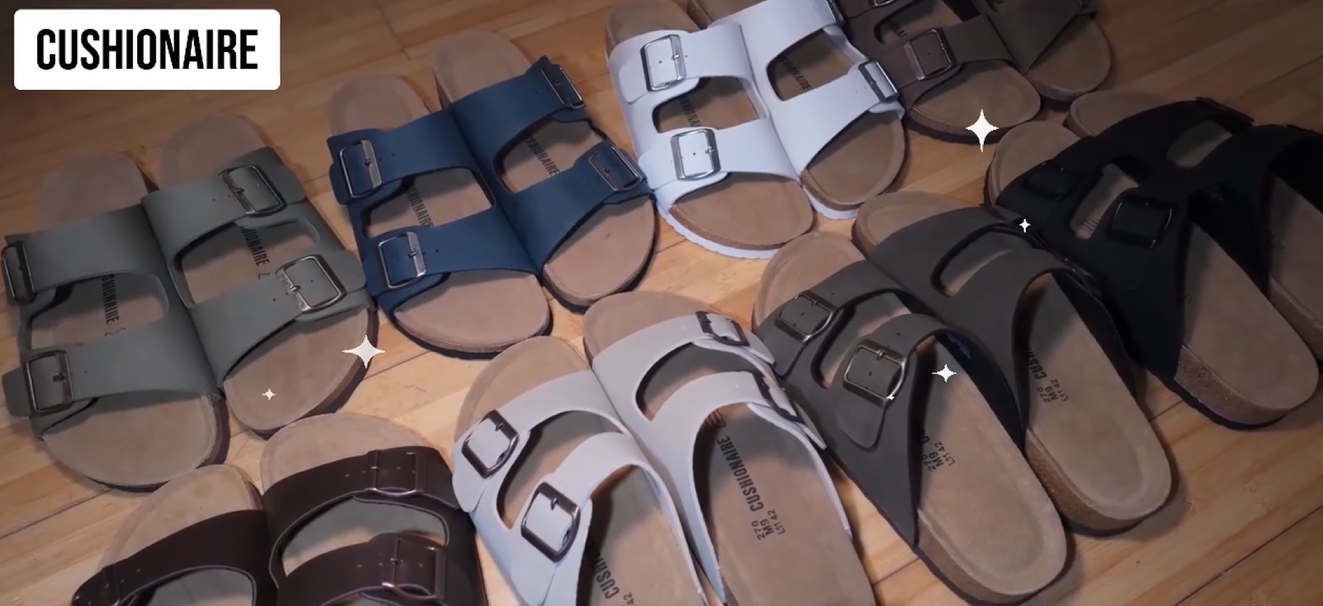 thumbnail video image 2 of Cushionaire Lane Cork Footbed Mens Sandals, Adjustable Buckle Comfort Slides for Men, Genuine Leather Insole Summer Sandals Men Footwear with Supportive EVA Sole, 2 of 12