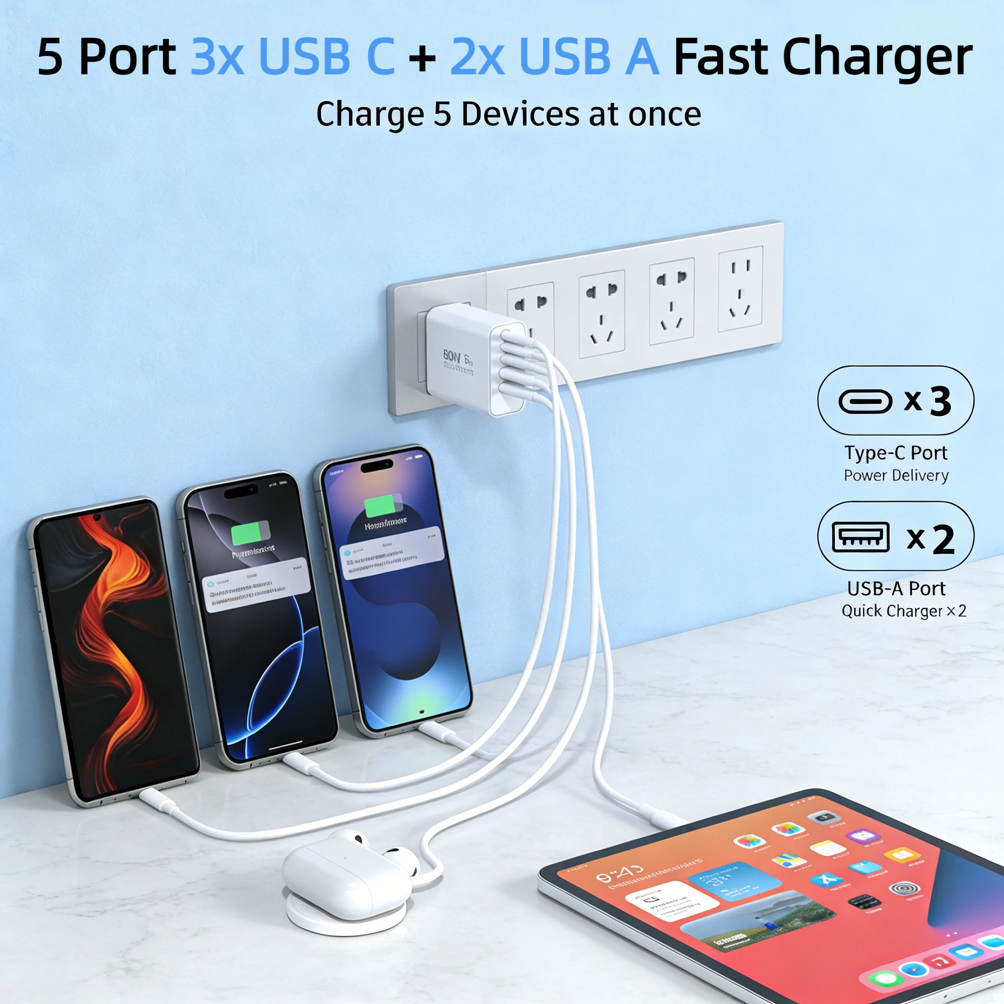 thumbnail video image 2 of USB C Charger Block, 60W 5-Port Fast Charging Blocks 2pack, Type C Multiport USBC Wall Charger Plug Adapter for iPhone 17/16/15/14/13/12/11 Pro Max /Plus/Air, iPad, Samsung, Galaxy S25,Tablet, 2 of 8