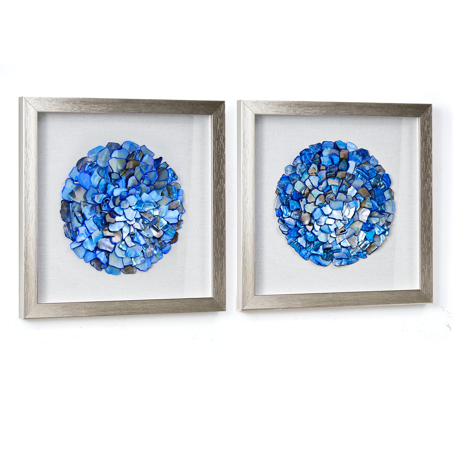 thumbnail video image 2 of American Art Decor Blue Seashell Mosaic Coastal Framed Wall Art - 11.75" x 11.75", Set of 2, 2 of 8