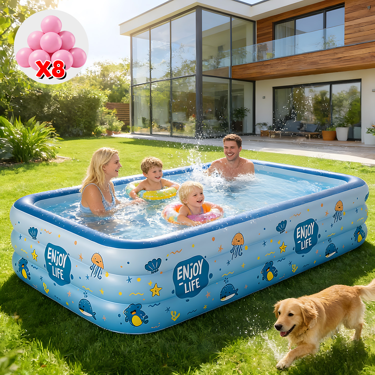 thumbnail video image 2 of WonderStone Inflatable Swimming Pool, 113'' x 63'' x 20'' Large 3-Layer Thickened PVC Blow Up Pool with 8 Ocean Balls, Durable Family Pool for Adults & Kids, Backyard Garden Summer Water Fun, 2 of 9