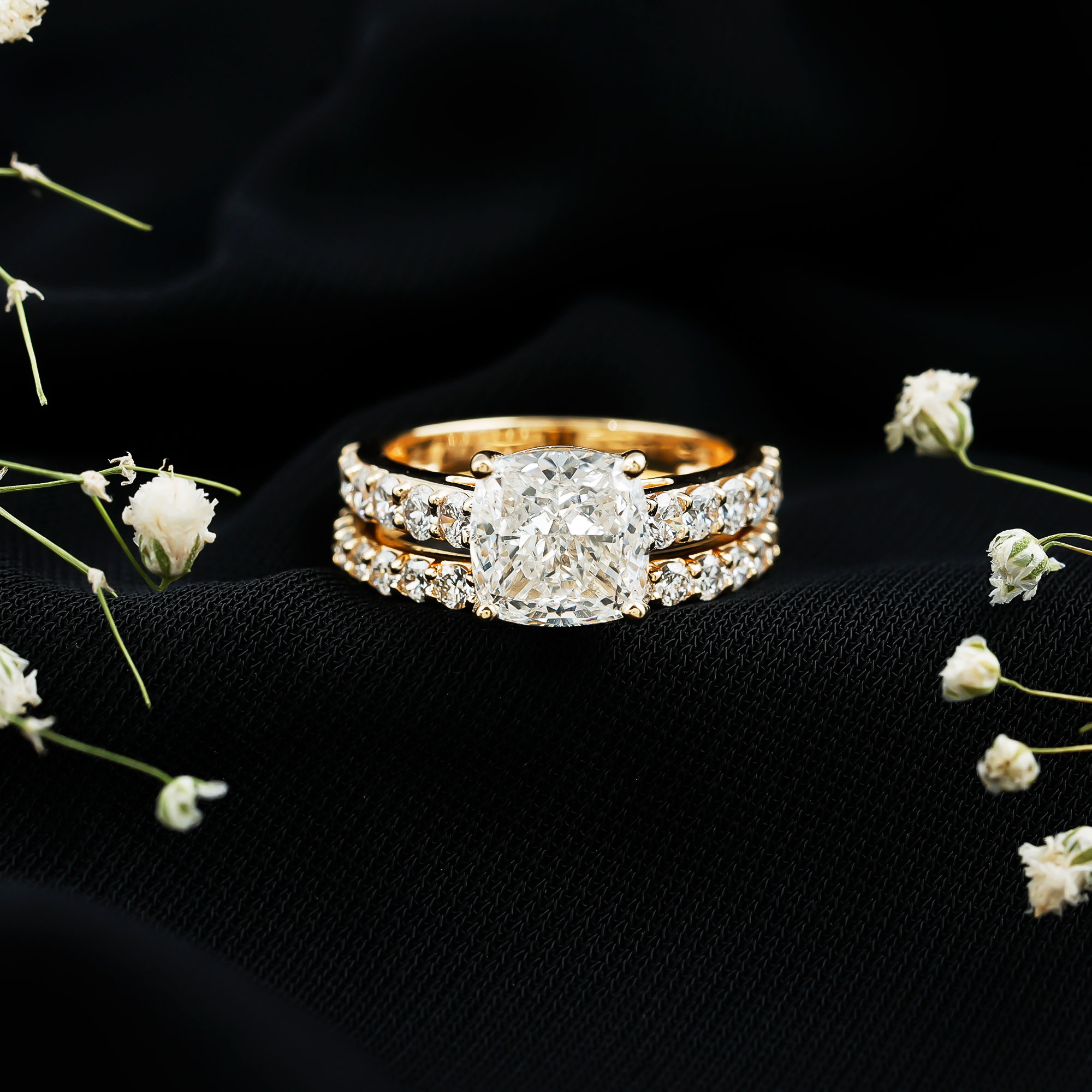 thumbnail video image 2 of Rosec Jewels IGI Certified 3 Carat Cushion Cut Lab Grown Diamond Engagement Ring with Band - E-VS1 Quality - with Jewelry Box, 14K Yellow Gold, US 4.00, 2 of 9