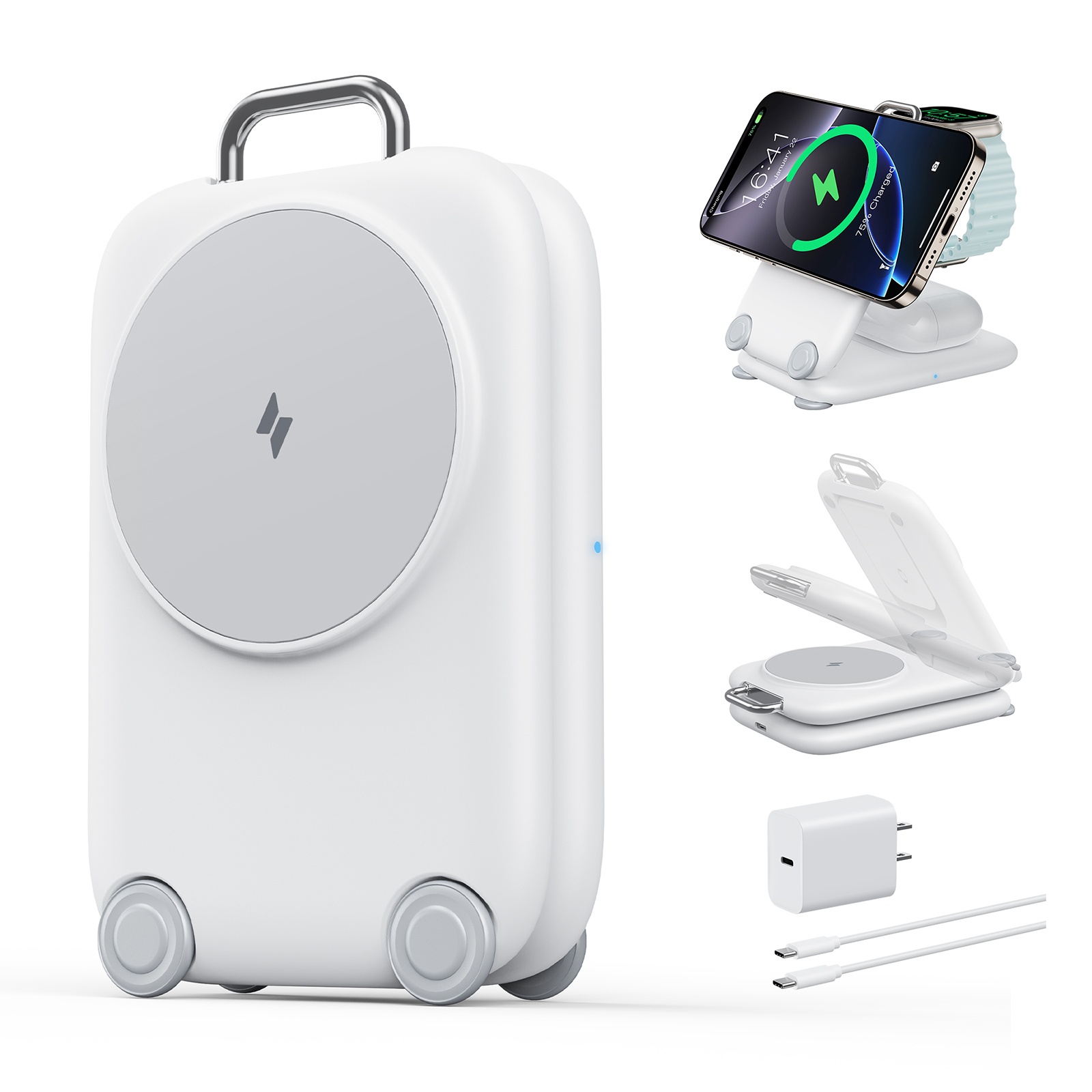 thumbnail video image 2 of 3 in 1 Charging Station, 15W Foldable Magnetic Fast Wireless Charger Stand for Apple Multiple Devices, Travel Charger for iPhone 17 16 15 14 13 12 Series Watch AirPods 4/3/2/Pro, 2 of 8