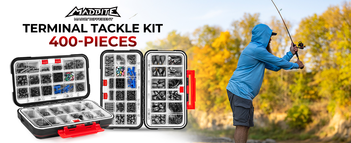 thumbnail video image 2 of MadBite by KastKing 265pcs Compact Fishing Tackle Kit - Freshwater Hooks, Weights, Bobbers in Tackle Box, Fishing Gear Set, 2 of 13