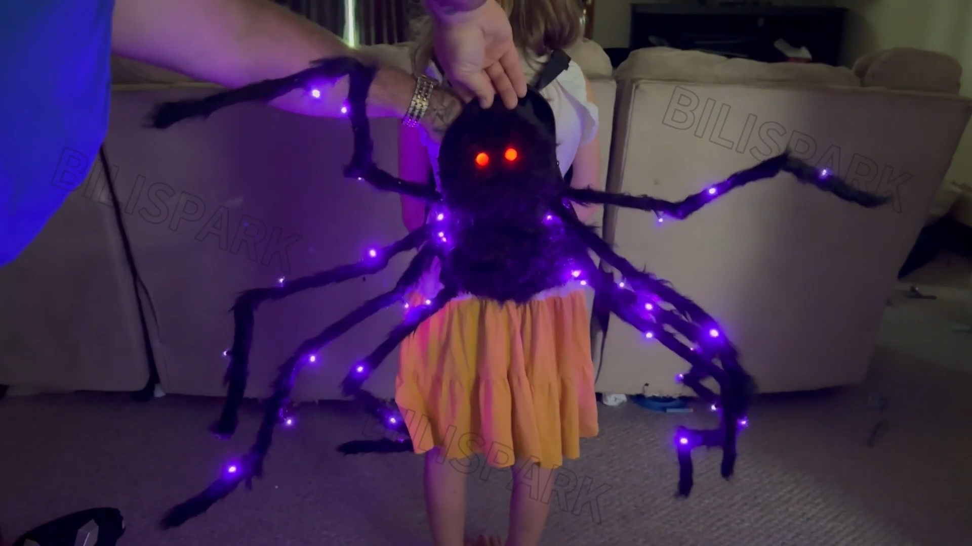 thumbnail video image 2 of Halloween Giant Spider Costume for Kids Adults, 42 LED Halloween Plush Spider Candy Backpack Props with Halloween Spider Party Halloween Decorations Accessories- Battery Required, 2 of 7
