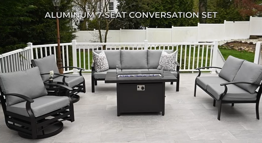 thumbnail video image 2 of ALAULM Aluminum Patio Furniture Set with 2 Swivel Chairs 7-seat Metal Outdoor Furniture Patio Sectional Sofas Patio Conversation Set w/5.1" Cushions for Patio, Backyard, Poolside-Navy Blue, 2 of 8