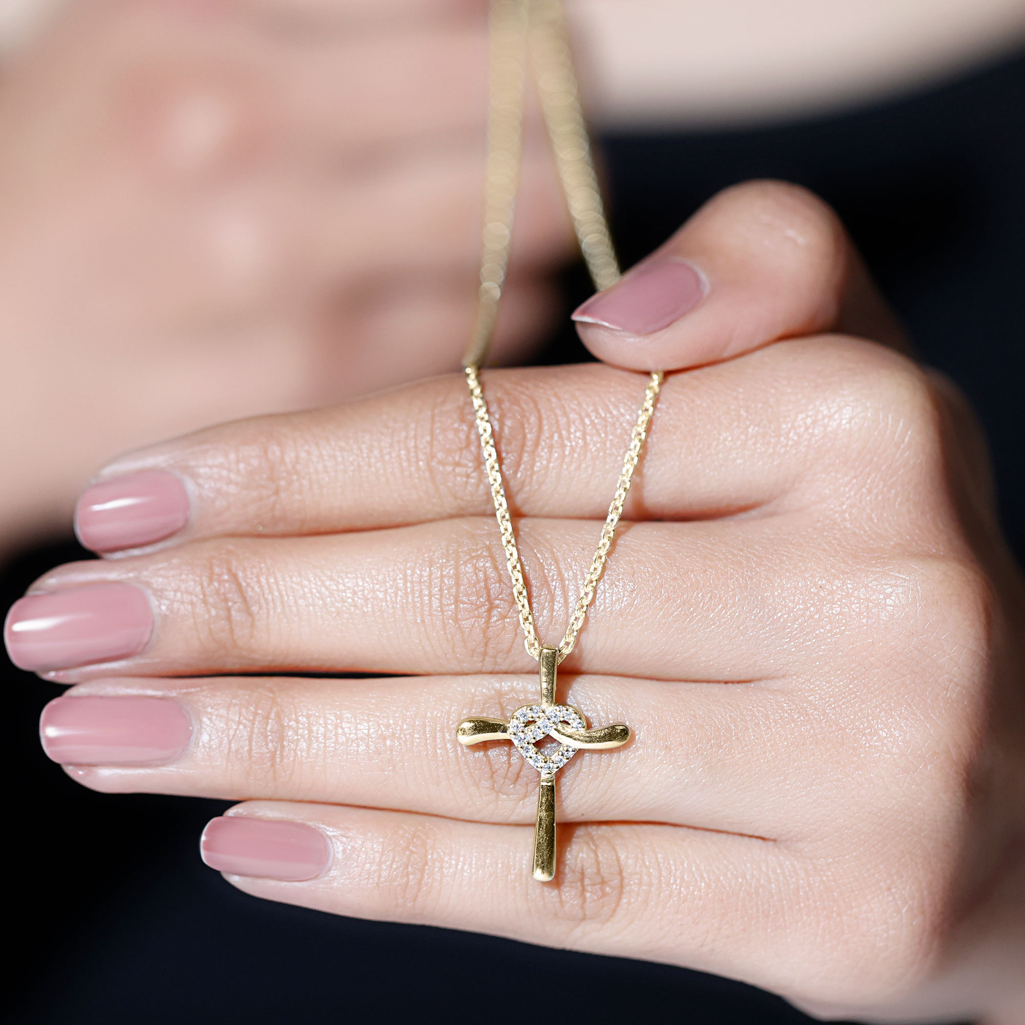 thumbnail video image 2 of Rosec Jewels Lab Grown Diamond Cross Necklace with Knot Heart (Ef-Vs Quality) - Ready to Gift Cross Pendant for Christmas, 10K Yellow Gold, 2 of 8