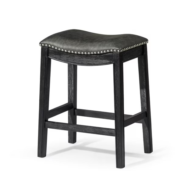 thumbnail video image 2 of Maven Lane Adrien 26" Wood Counter Height Stool - Handcrafted Aged Black Finish with Charcoal Black Vegan Leather Upholstered Saddle Seat for Comfort - Durable Barstool for Kitchens, Dining Rooms, 2 of 7