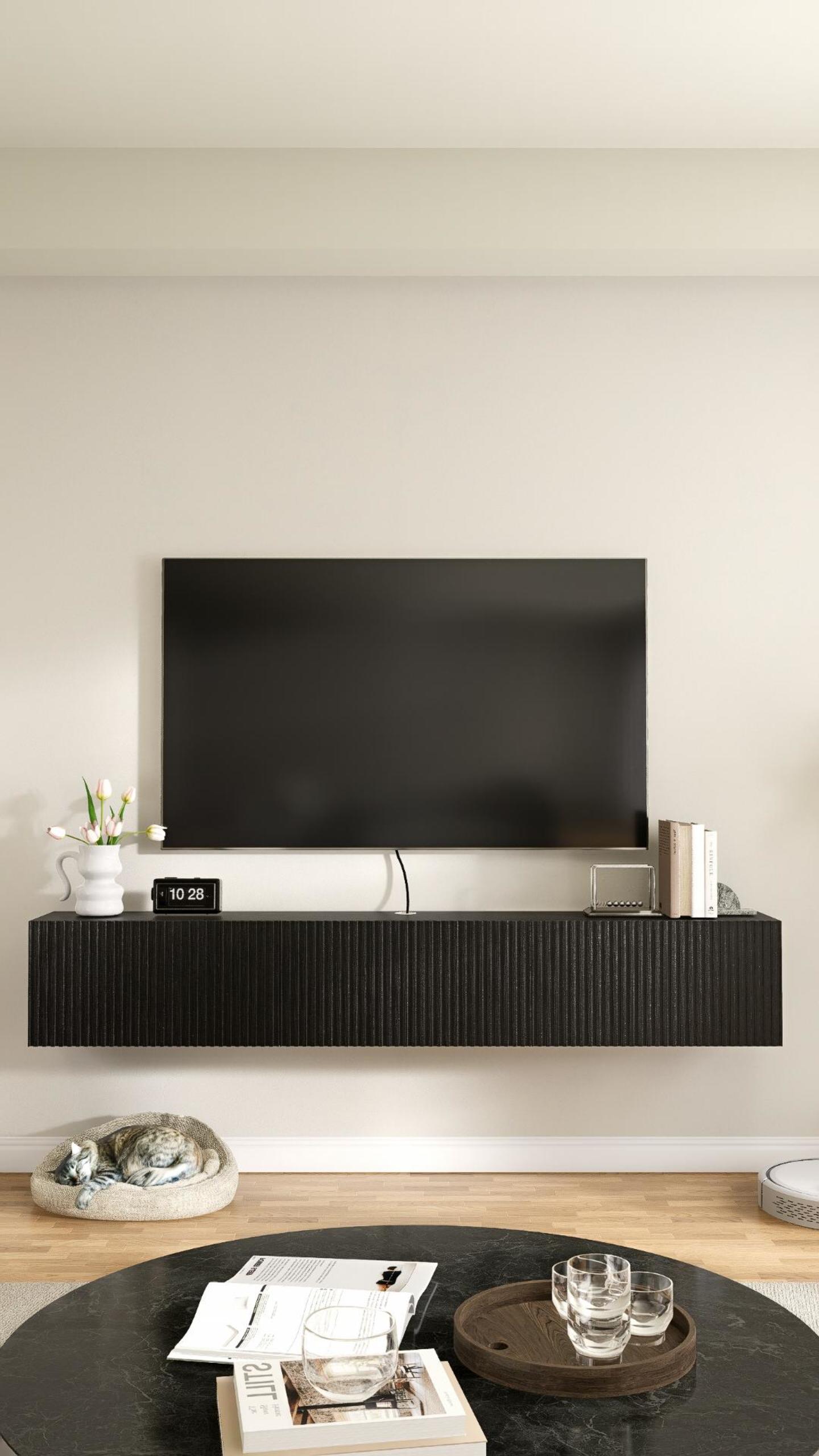 thumbnail video image 2 of ​​FloatiCasa 70'' Floating TV Stand Wall-Mounted Entertainment Center Media Console with 3 Doors for TVs up to 75",for Living Room Bedroom Black, 2 of 17