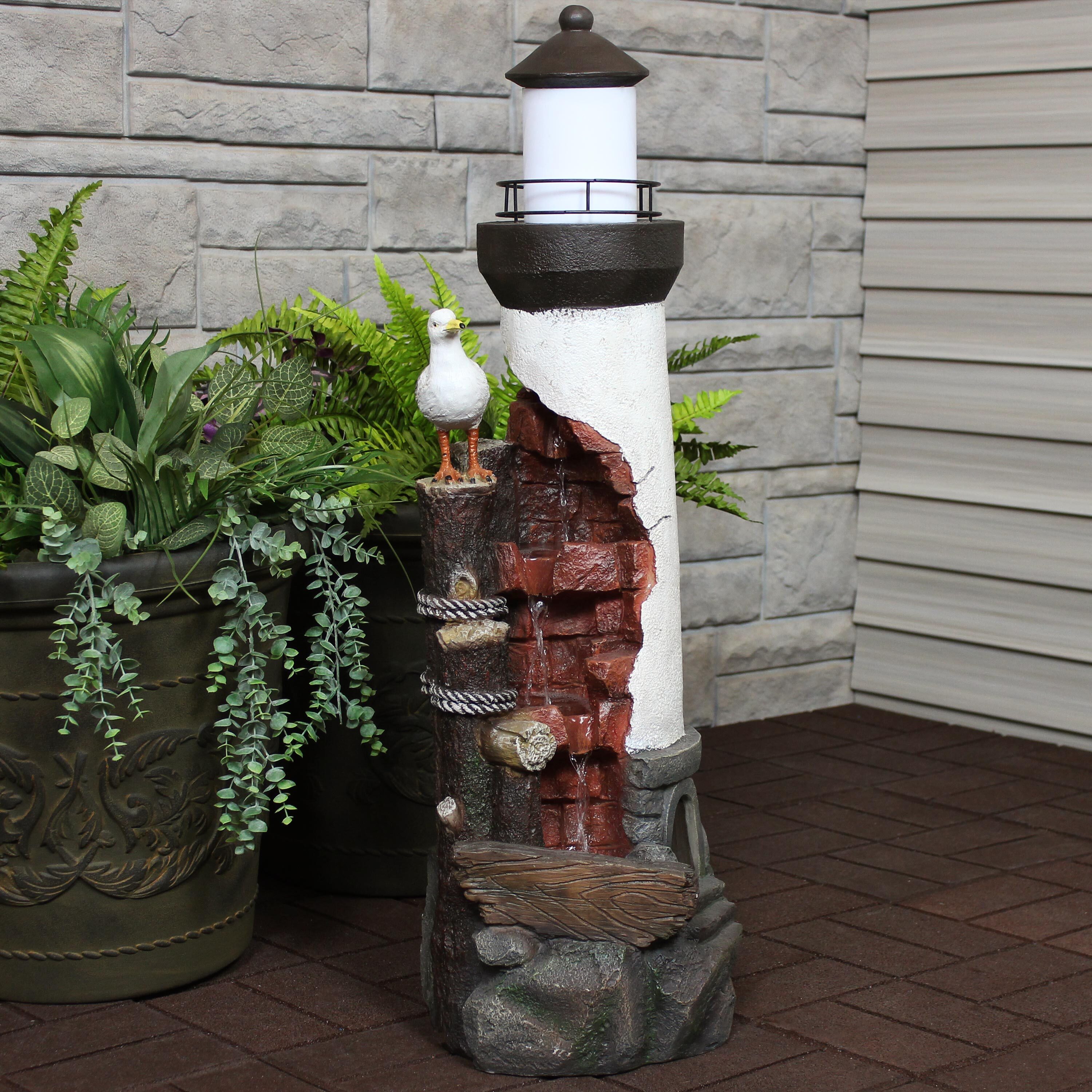 thumbnail video image 2 of Sunnydaze Gull's Cove Polyresin Outdoor Lighthouse Water Fountain with Light, 2 of 14