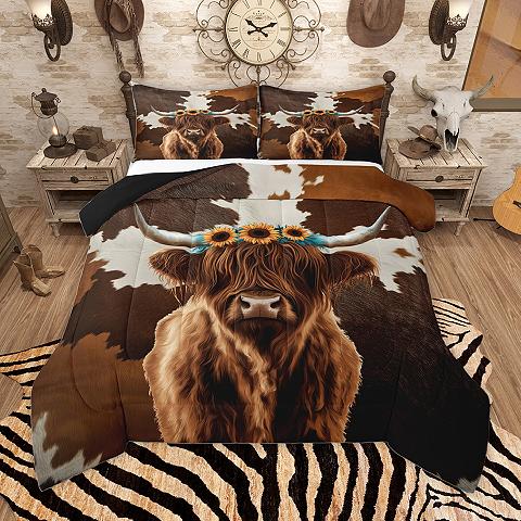 thumbnail video image 2 of Homewish Cute Highland Cow Queen Comforter Set,Farm Highland Cattle Bedding Sets,Yellow Sunflower Blue Bow Tie Bedding Comforter Set For Girl Boys,Ultra Soft Home Decor Reversible,3pcs, 2 of 9
