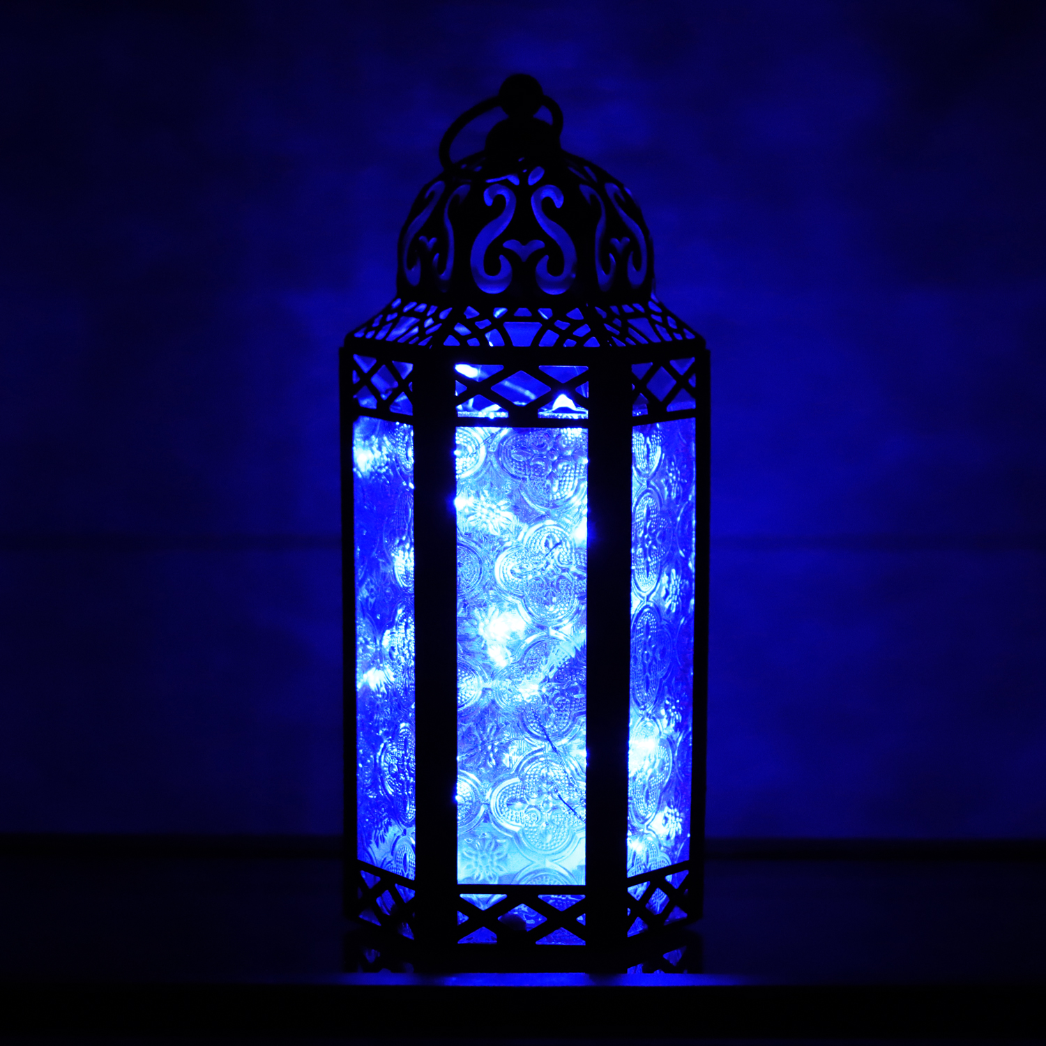 thumbnail video image 2 of Moroccan Metal Candle Lantern Holder with LED Fairy String Lights, Medium, Blue, 2 of 13