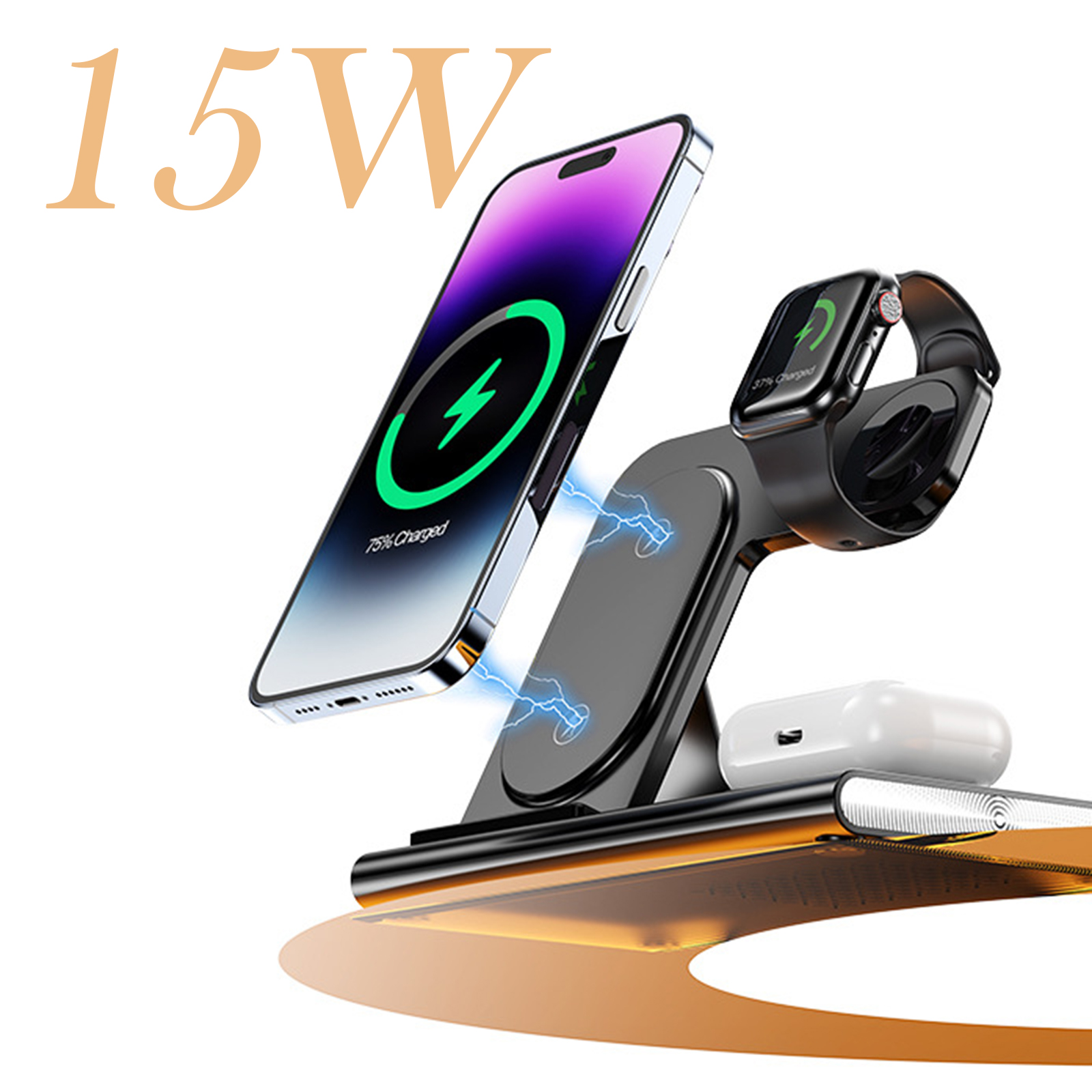 thumbnail video image 2 of 3-in-1 Foldable Wireless Charging Station with Light, Fast Charger Dock for Apple Watch, iPhone, AirPods & Samsung Phones, 2 of 9