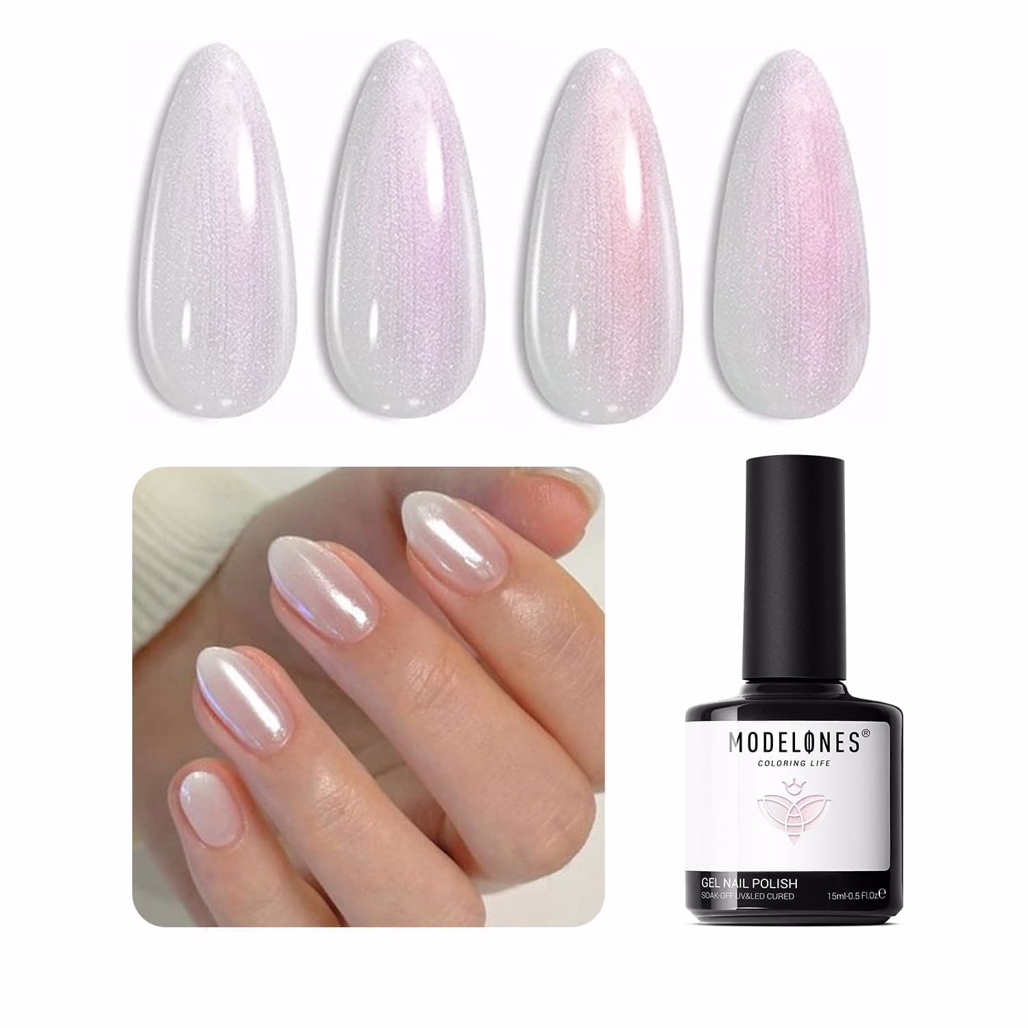 thumbnail video image 2 of modelones Pearl Gel Nail Polish, 15 ML Glitter Pearl Shine White Gel Polish Iridescent Shimmer Mermaid Nail Drawing Gel Polish Soak Off Led Pearlescent Nail Polish Swirl Shell Thread Effect DIY Gift, 2 of 9