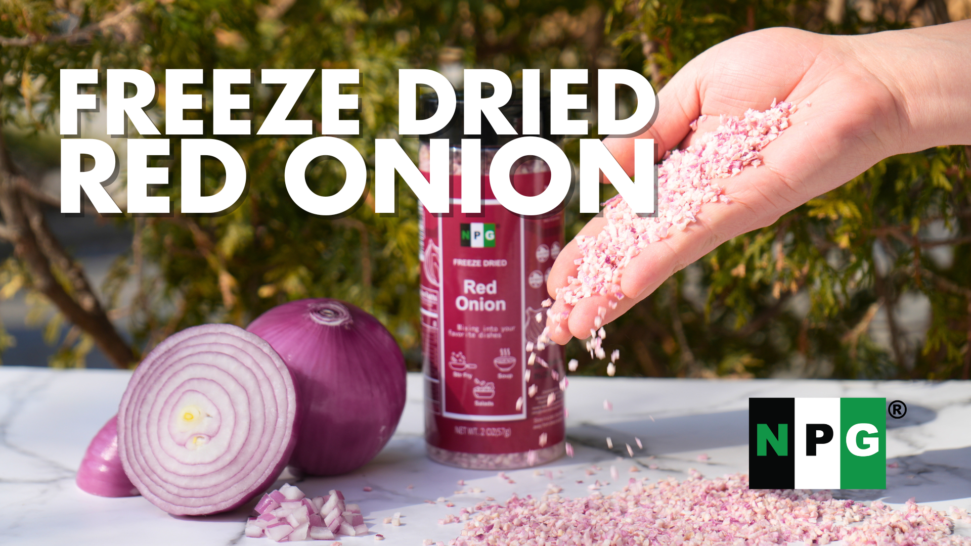 thumbnail video image 2 of NPG Freeze-Dried Red Onion, 2 oz, Chopped & Diced, Dehydrated, Sweet & Crunchy, Non-GMO, No Additives, 2 of 7