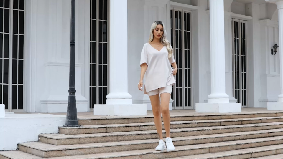 thumbnail video image 2 of Avidlove Women Pajamas Set Oversized 2 Piece Lounge Sets Deep V Neck T-Shirts Tops with Biker Shorts Set Side Slit Workout Tracksuit S-XXL, 2 of 8