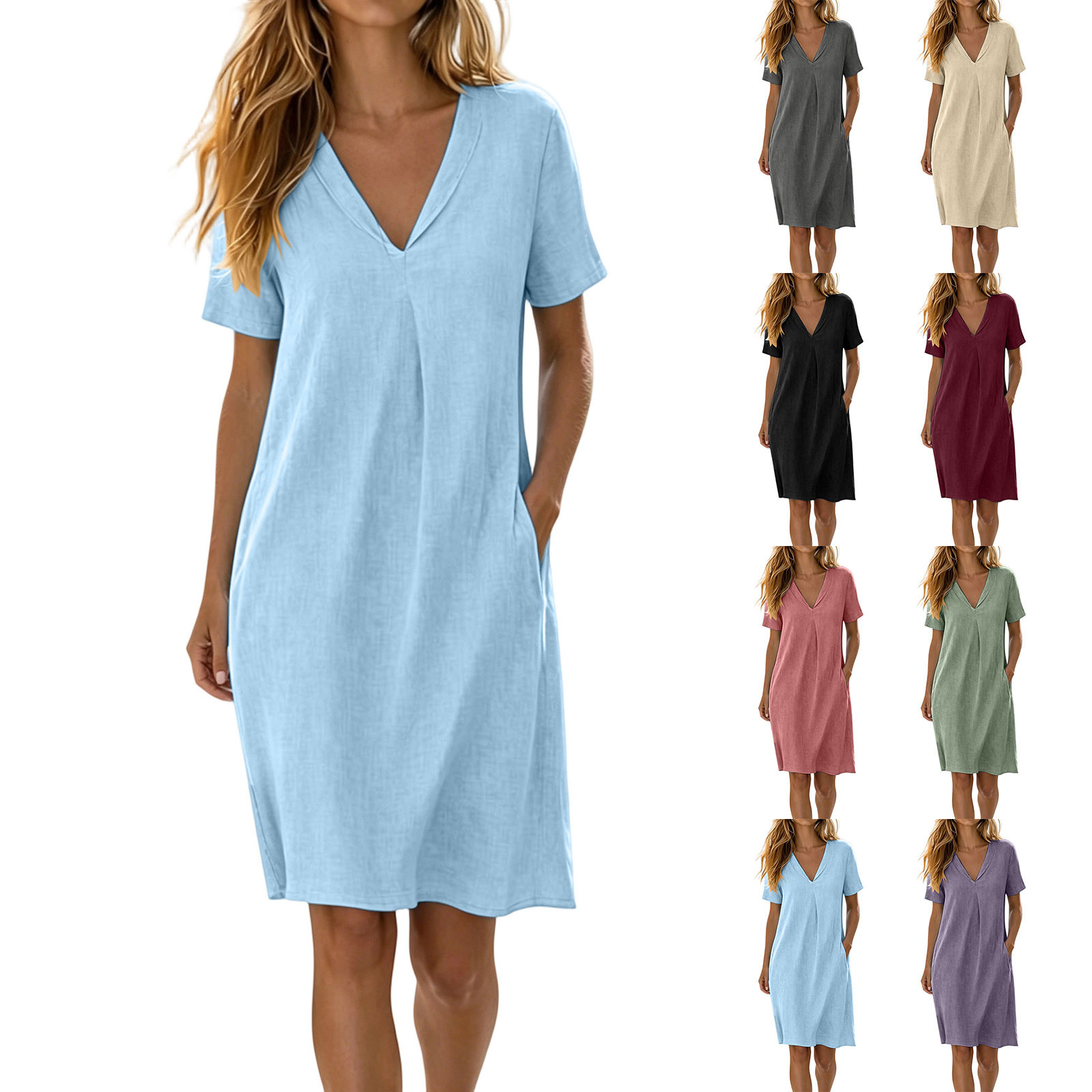 thumbnail video image 2 of Umfun Comfy V-Neck Short Sleeve Cotton Dresses for Women with Side Pockets - Relaxed Fit T-Shirt Dress for Errands & Lounging, 2 of 9