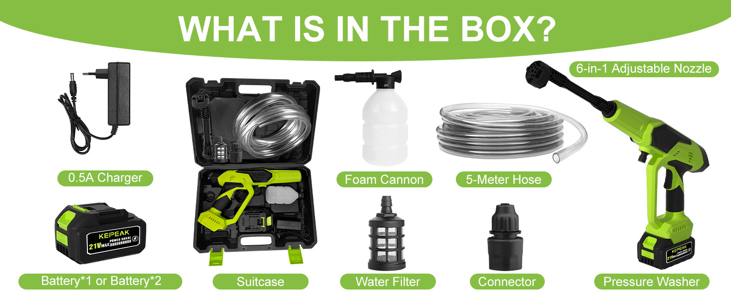 thumbnail video image 2 of 1450PSI Cordless Pressure Washer, 21V Handheld Power Cleaner 5L/Min with 6-in-1 Nozzle, 2 Batteries & 16.4FT Hose for Car, Garden, Patio, 2 of 11