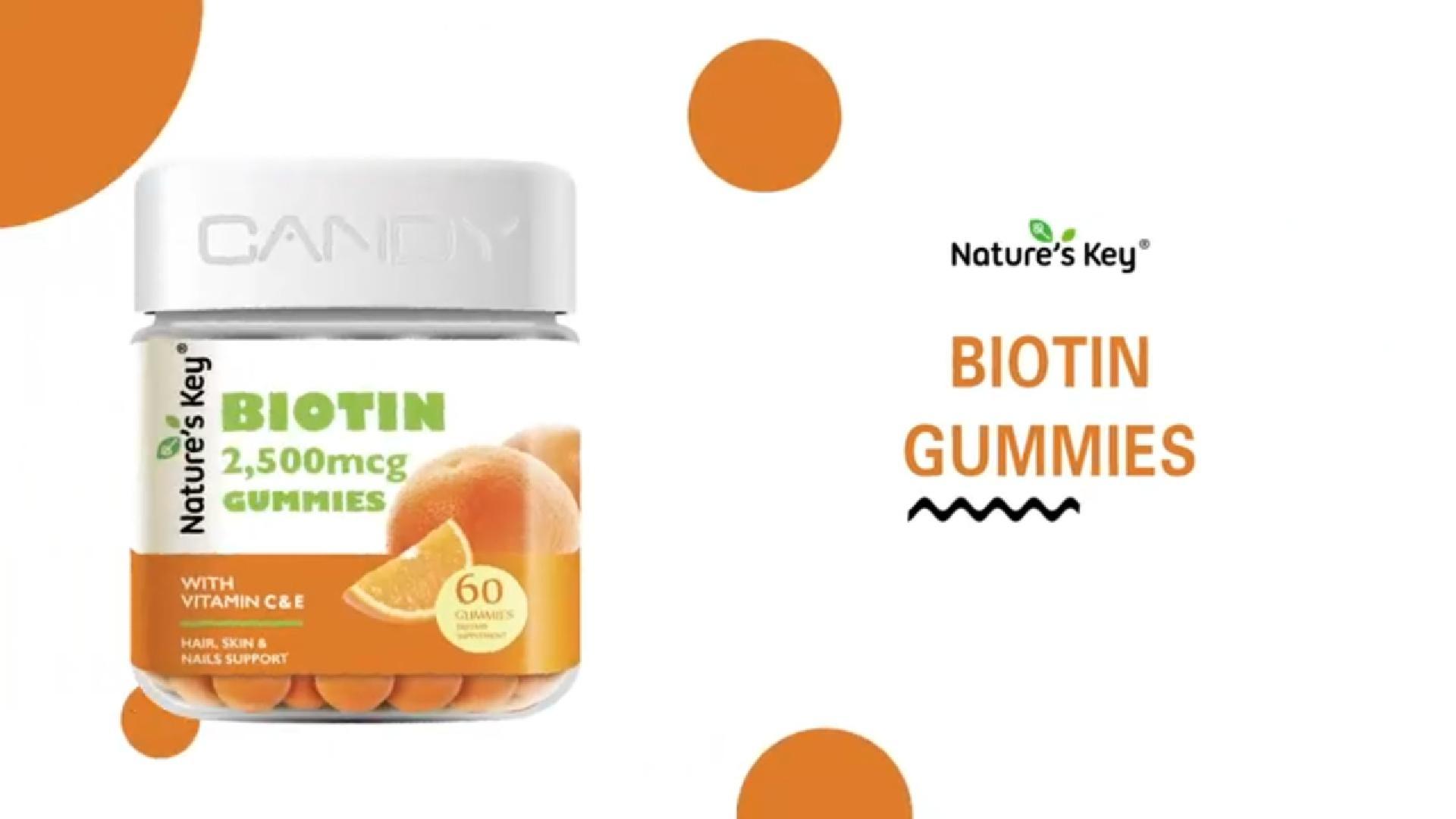 thumbnail video image 2 of Nature's Key Biotin Gummies Hair Skin and Nails Gummies for Women and Men with Vitamin C and E, Vegan, Orange Flavors, 60 Count, 2 of 7