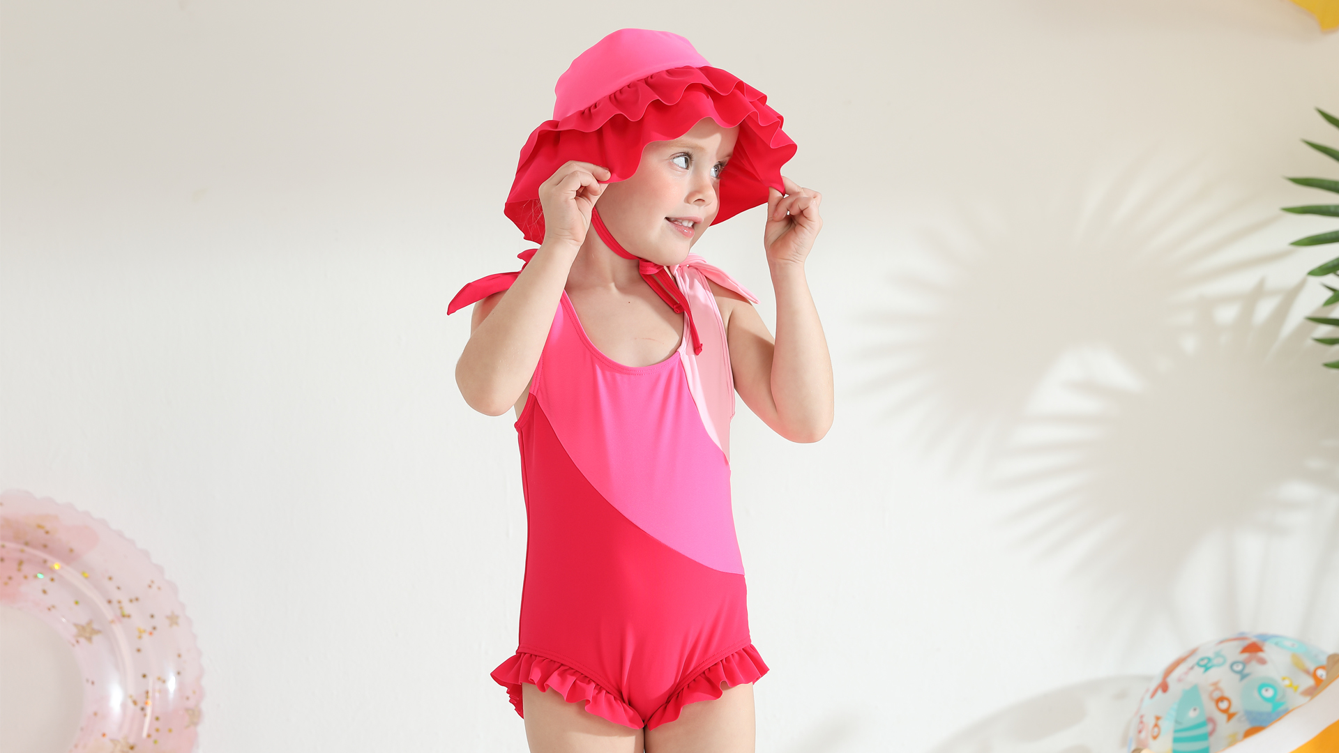 thumbnail video image 2 of Baby Toddler Girls Color Block Ruffle One Piece Bathing Suit with Ruffle Sun Hat Quick Dry Beach Swim Outfit Size 1-6, 2 of 7