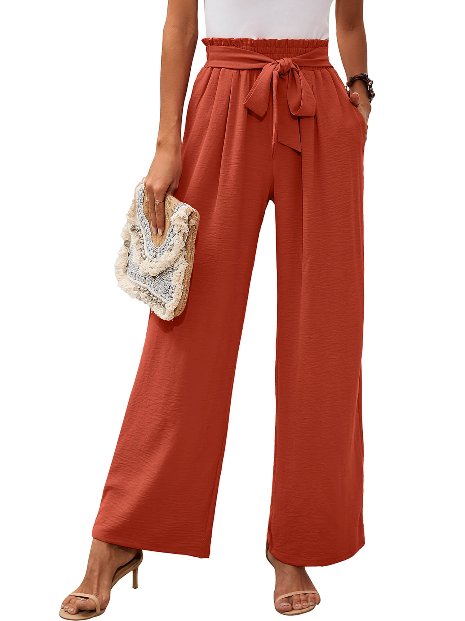 thumbnail video image 2 of Chiclily Women's Wide Leg Pants with Pockets Lightweight High Waisted Adjustable Tie Knot Loose Trousers Flowy Summer Beach Lounge Pants, US Size Large in Burnt Orange, 2 of 9