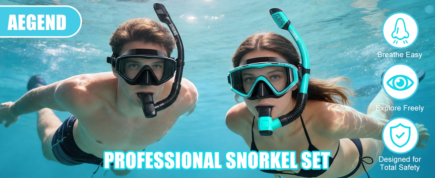 thumbnail video image 2 of AEGEND 2 Pack Snorkeling Gear for Adults, Diving Mask with Anti-Leak Dry-Top Snorkel Set, Anti-Fog Panoramic Wide View with Mesh Bag for Swimming Travel, Black & Navy Blue, 2 of 9
