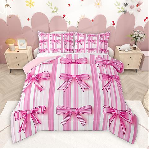 thumbnail video image 2 of Homewish Kawaii Bow Queen Comforter Set,Cute Cartoon Bowtie Bedding Sets,Pink Bowknot Bedding Comforter Set For Girl Teens,Super Cozy Room Decor Reversible,3pcs, 2 of 9