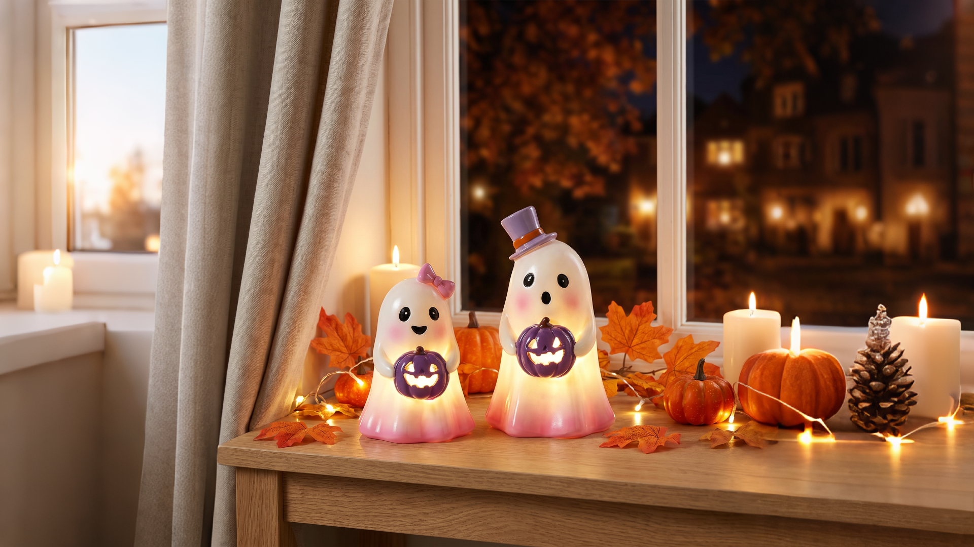 thumbnail video image 2 of Ayieyill 2pcs Lighted Halloween Ghost Decor, Resin Ghost Figurines with Purple Pumpkin, Pink Halloween Decor for Halloween Table Decorations, 2 of 6