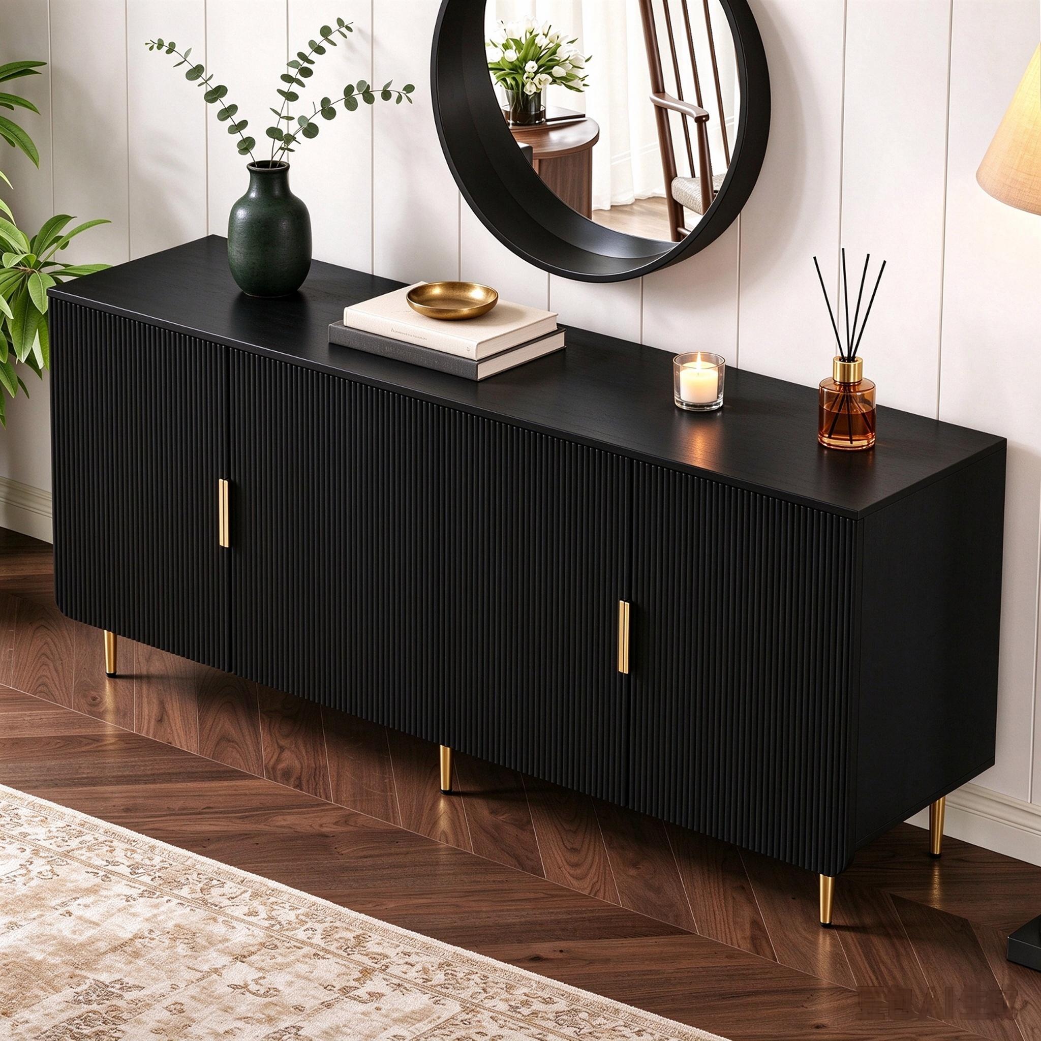 thumbnail video image 2 of Entrintou 64.8"Fluted Sideboard Buffet Cabinet,4 Door,6 Center-Support Legs,150 lb Top, For Dining Room, Living Room,Black with Gold Hardware, 2 of 12