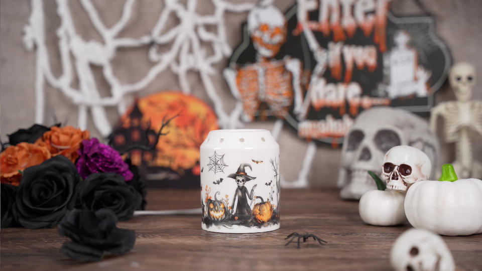 thumbnail video image 2 of Sziqiqi Halloween Wax Warmer: Cute Electric Wax Melt Burner with 2 Bulbs Spooky Ghost Pumpkin Design Perfect Home Decor Gift for Women, 2 of 10