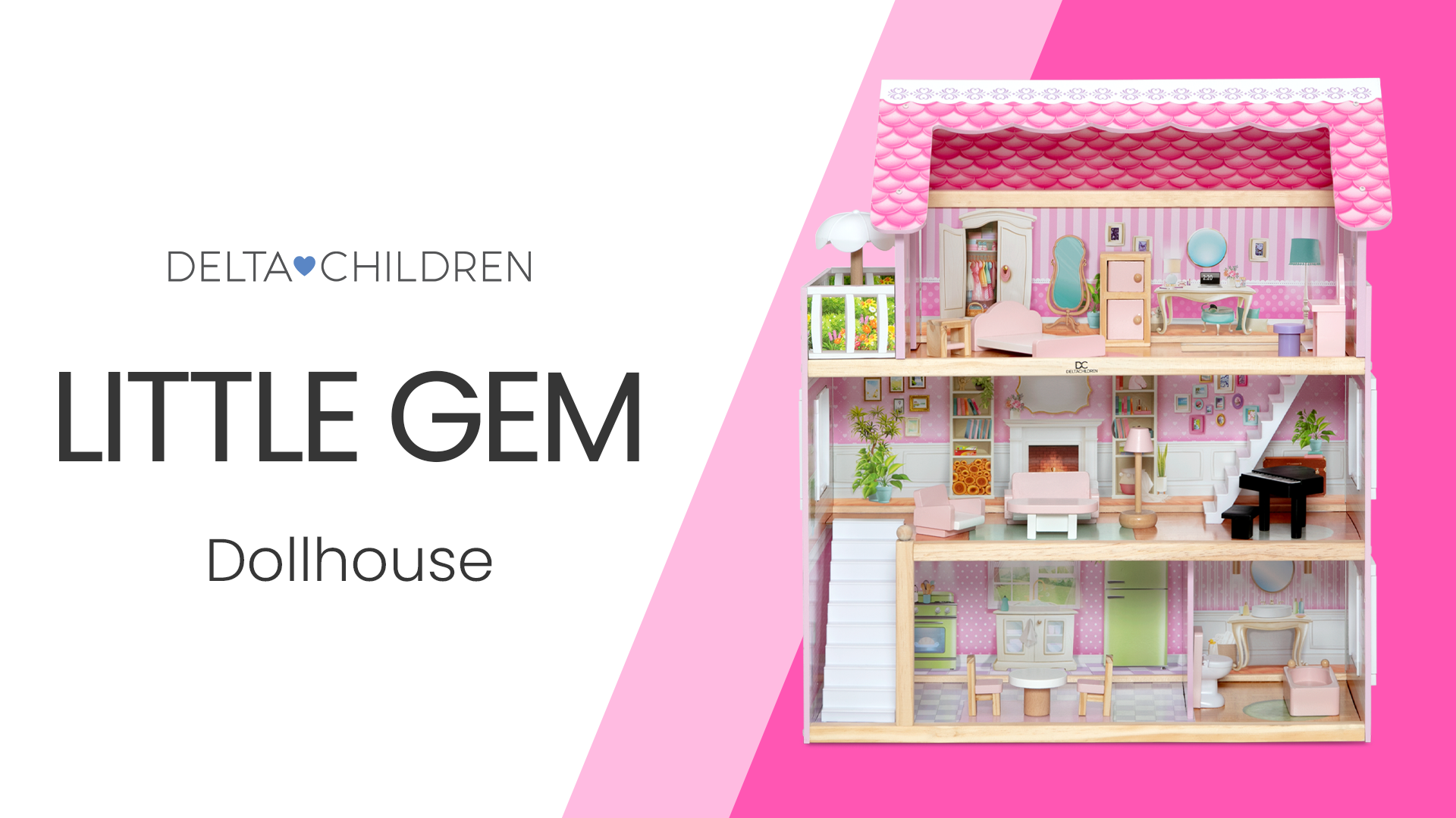 thumbnail video image 2 of Delta Children Little Gem Dollhouse - Wooden 3-Story Dollhouse with 4 Rooms - Includes 16 Accessories - Fits 5-inch Dolls - Pretend Play Dream Gift for Ages 3+, 2 of 13