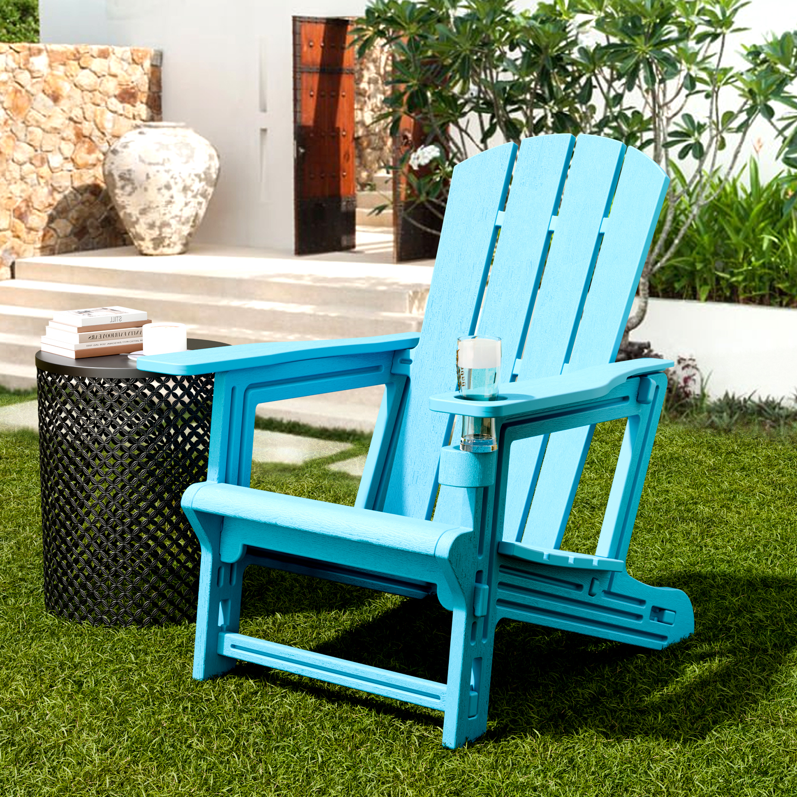 thumbnail video image 2 of Chiccushion Adirondack Chair with Cup Holder, HDPE All-Weather Patio Chairs for Poolside, Backyard, Deck, Fire Pit, Sky Blue, 2 of 10