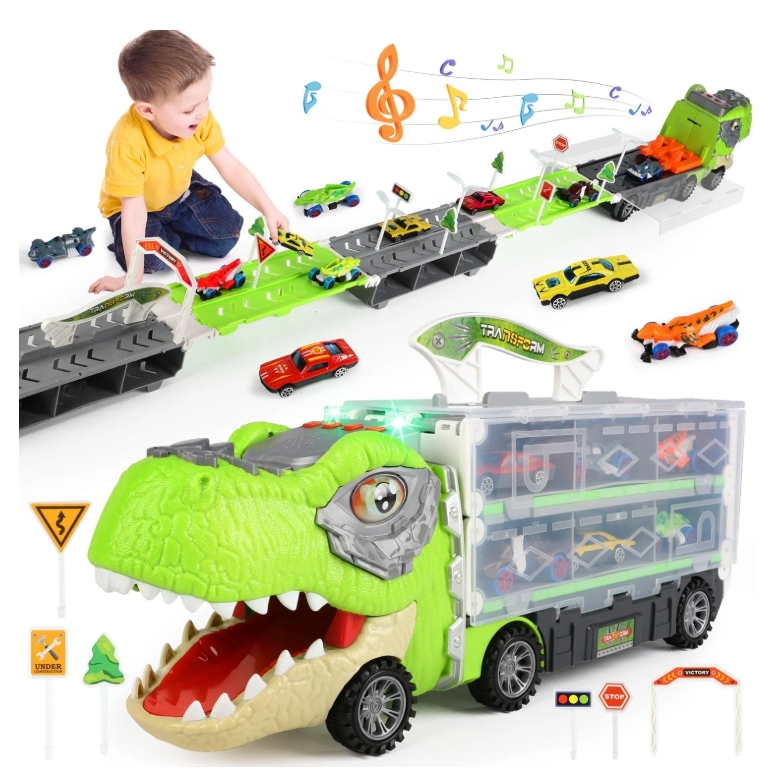 thumbnail video image 2 of Freecat Dinosaur Toys with 6 Mini Alloy Car, 7-in-1 Dinosaur Toy Trucks and Foldable Track for Toddler Boys Ages 3-5, Dinosaur Toys for Birthday Gift for Boys 2-4 3-5., 2 of 12