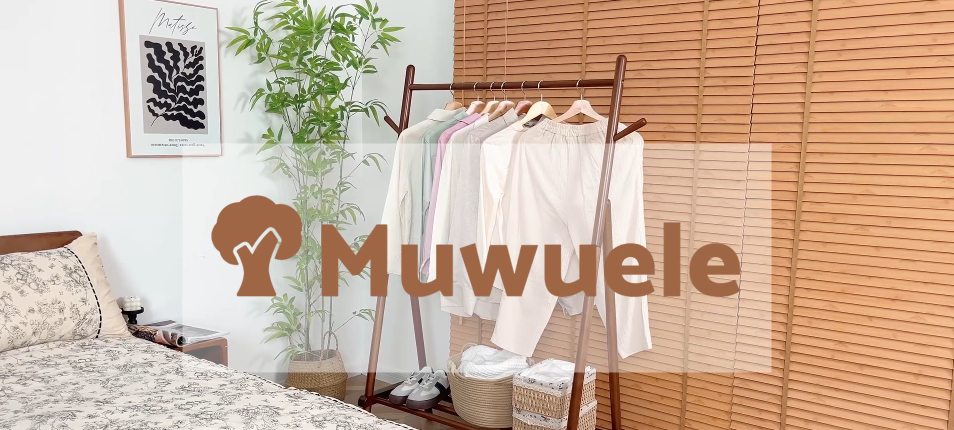 thumbnail video image 2 of Muwuele Wood Clothing Rack for Hanging Clothes, Freestanding Garment Rack with Shelves, Heavy Duty 350 lbs, Portable Closet Organizer (Walnut), 2 of 9