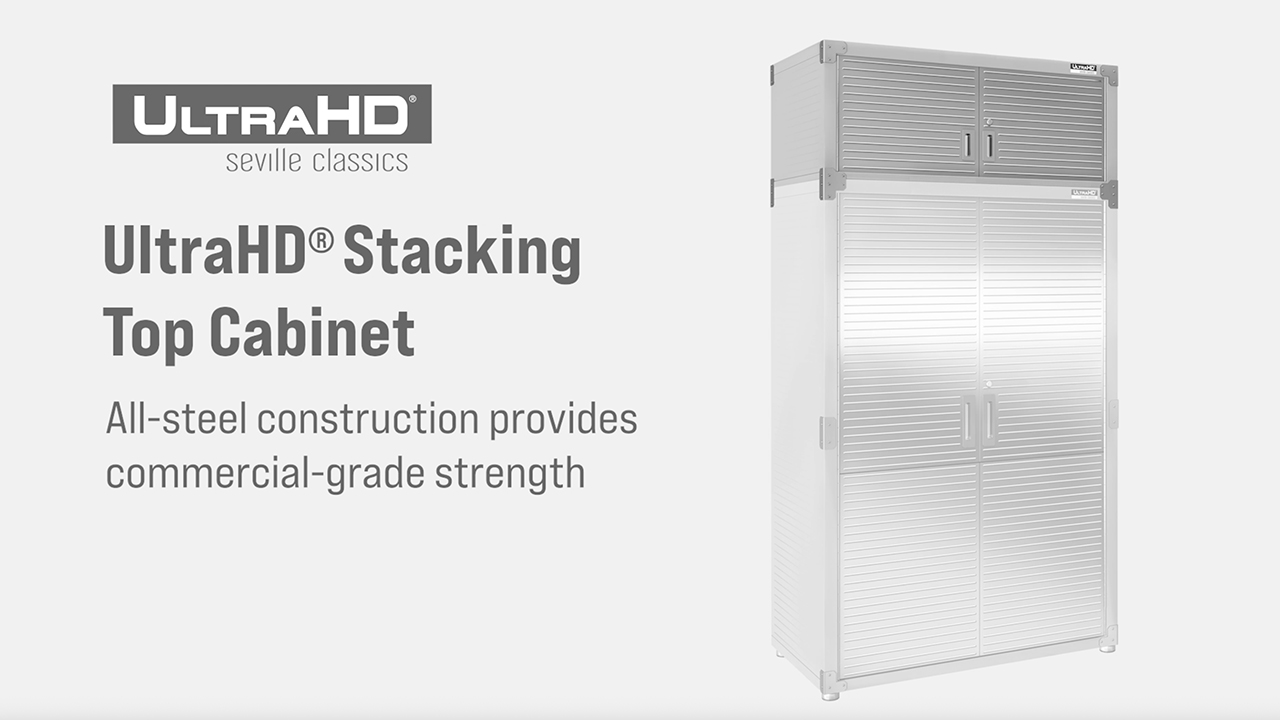 thumbnail video image 2 of Seville Classics UltraHD® Stacking Top Steel Body Lockable Storage Cabinet Organizer Shelving Unit, 48" W x 24" D x 18.5" H, Graphite, 2 of 7