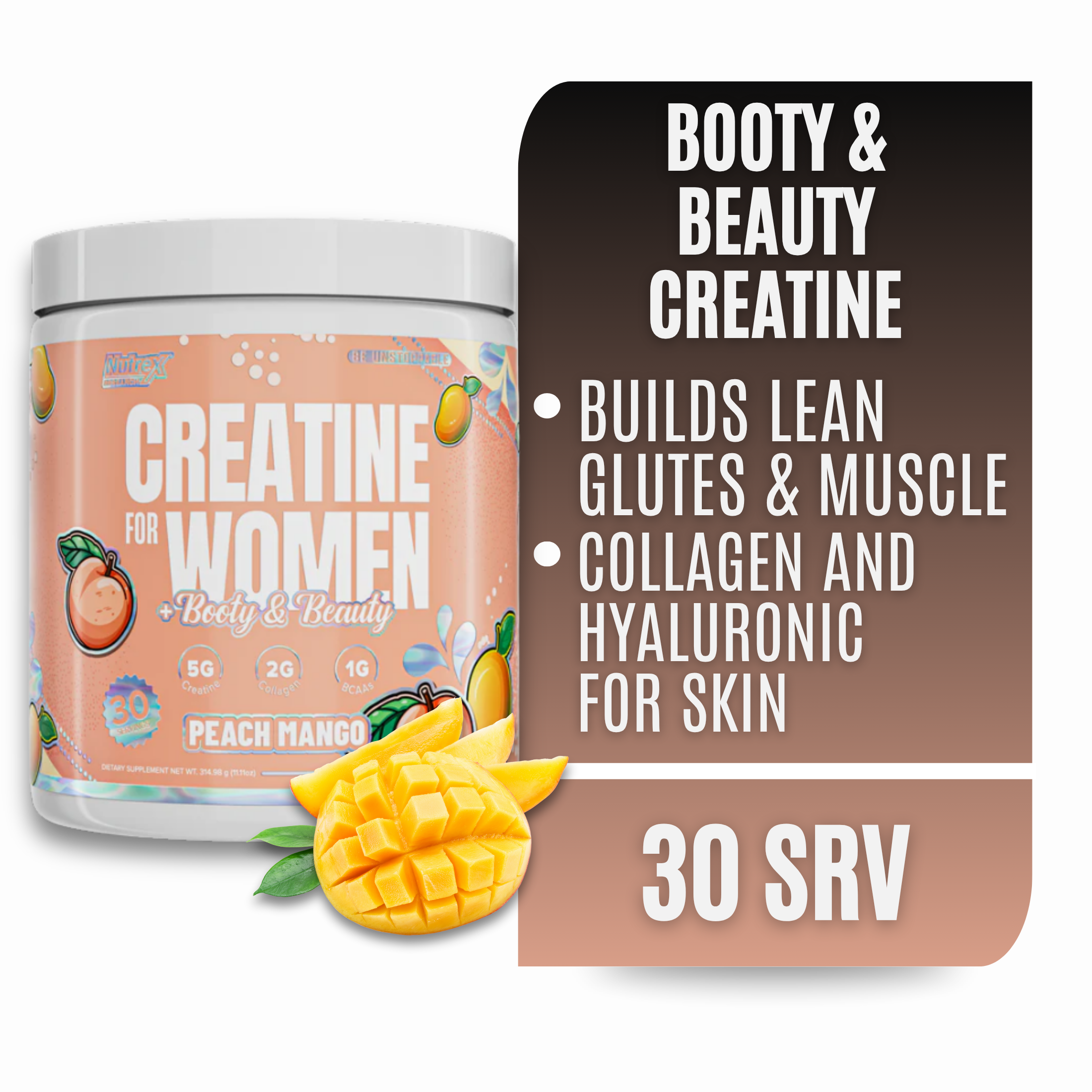thumbnail video image 2 of Creatine for Women Booty & Beauty – Peach Mango | 5g Creatine, 2g Collagen, BCAAs & Hyaluronic Acid for Glutes, Strength & Skin Nutrex Research 30 Servings, 2 of 10