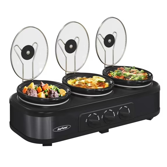 thumbnail video image 2 of 3 Pot Slow Cooker Set, Triple Slow Cooker with 3×1.5QT Removable Ceramic Crocks, 4.5QT Total, Adjustable Temperature for Family Dinner & Party,SL, 2 of 5