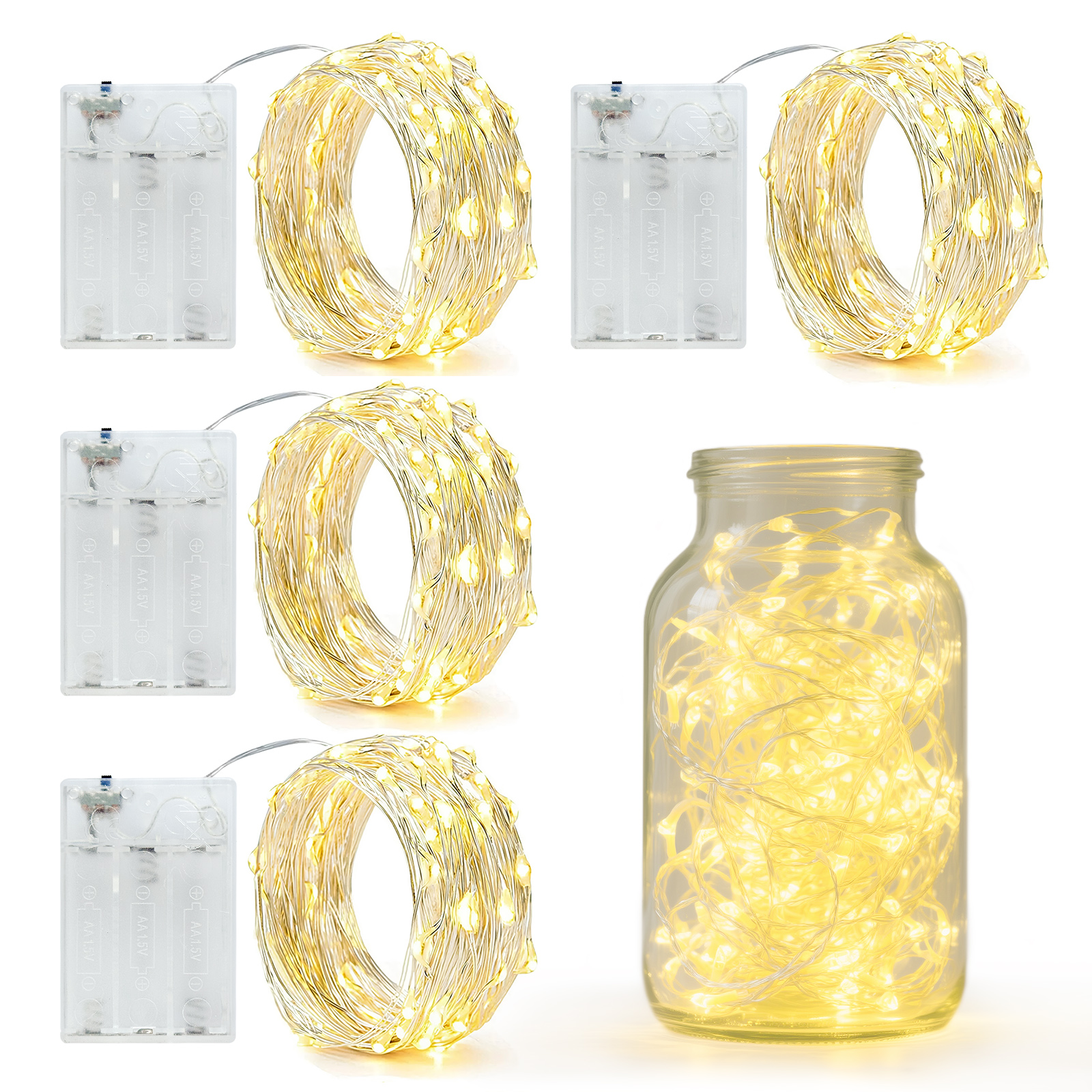 thumbnail video image 2 of AGCAN 4 Pack 20 Ft 50 LED Fairy Lights Battery Operated, Silver Wire Waterproof String Lights for Party Halloween Christmas Decorations Gift Indoor Outdoor Bedroom Yard, Warm White, 2 of 13