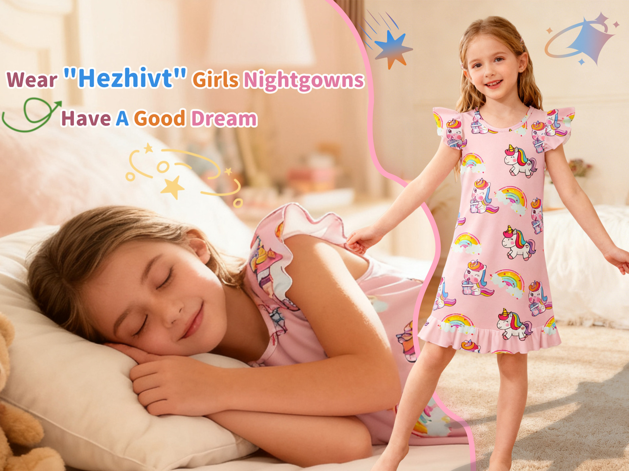 thumbnail video image 2 of Girls Nightgowns 2-Pack Flutter Sleeve Pajama Dress Princess Unicorn Sleepwear for Toddler to Big Kids, 2 of 7