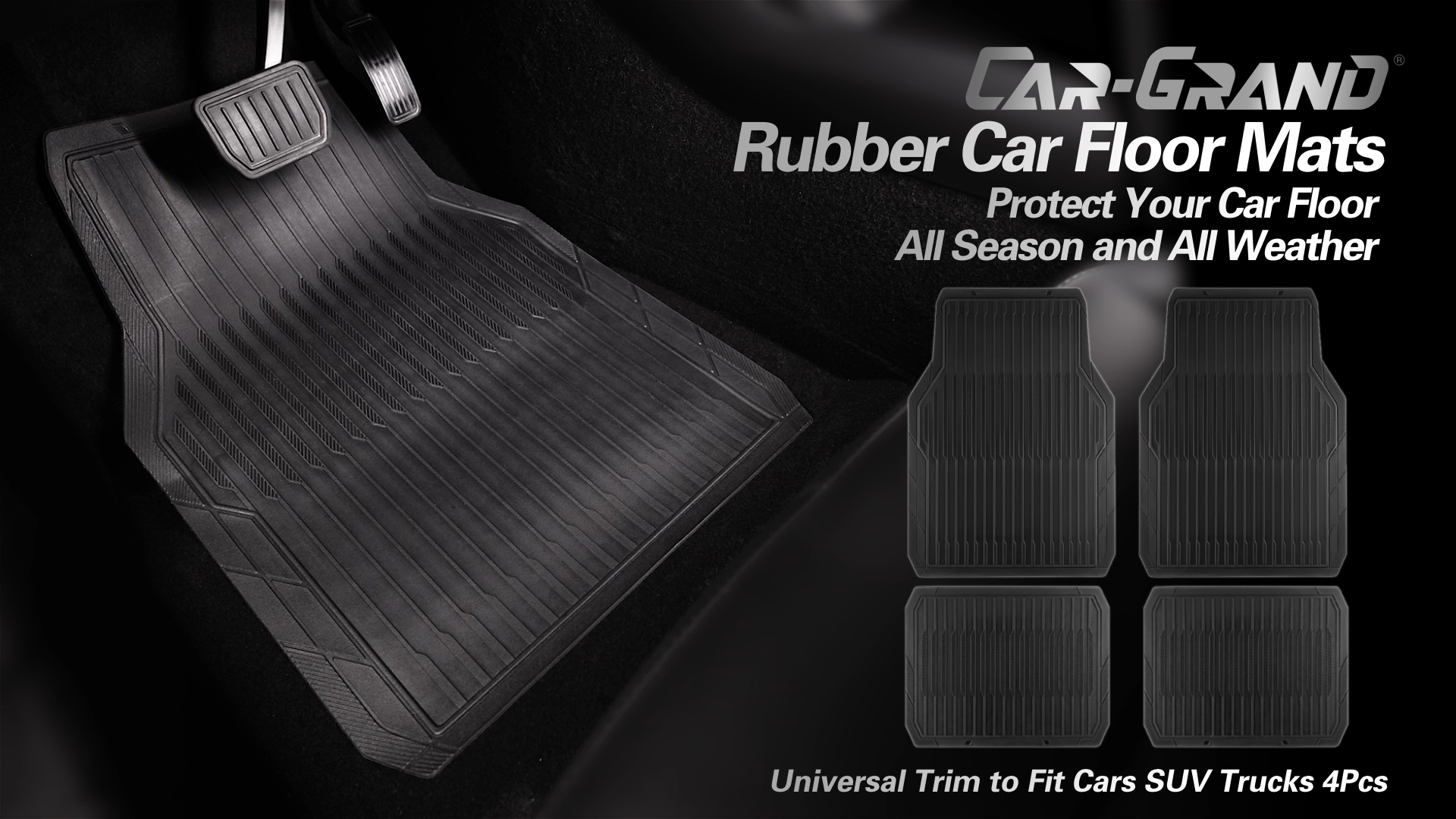 thumbnail video image 2 of CAR GRAND Rubber Car Mats All Weather All Season Waterproof Universal Fit Trim to Fit SUV, Sedan, Truck, Set of 4 pieces All Black, 2 of 8