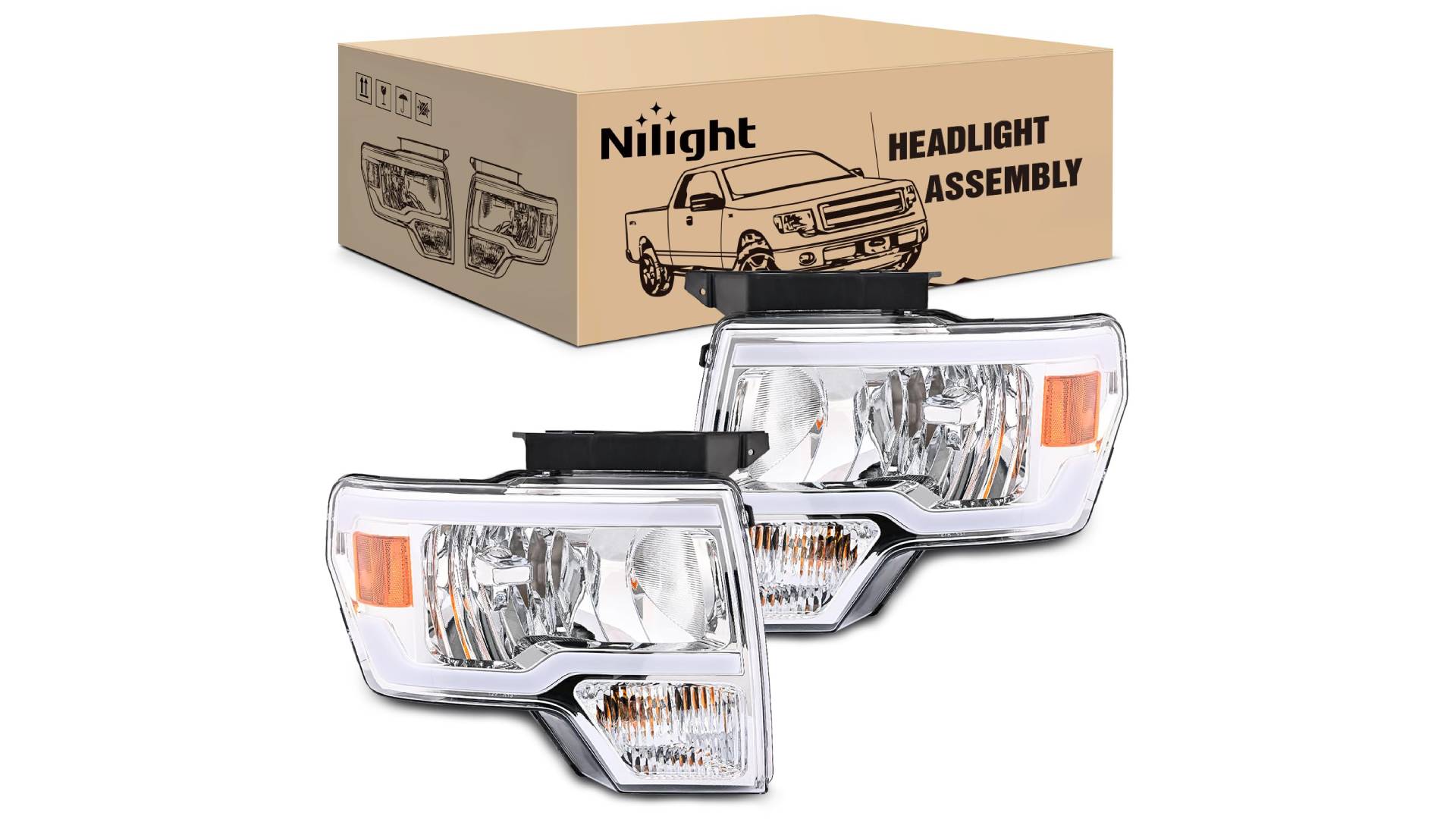 thumbnail video image 2 of LED DRL Headlight Assembly Compatible with Ford F150 2009-2014 Headlamps Driver & Passenger Side Clear lens Chrome Housing Amber Reflector, 2 of 8