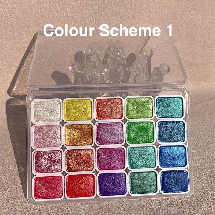 thumbnail video image 2 of Shifting Watercolor Painting Set of 20 Colors Metallic Watercolor Paint Glitter Colourful Paints Set with Paintbrush Kit Model Pearlescent Watercolor Paint Box for Kids, 2 of 6