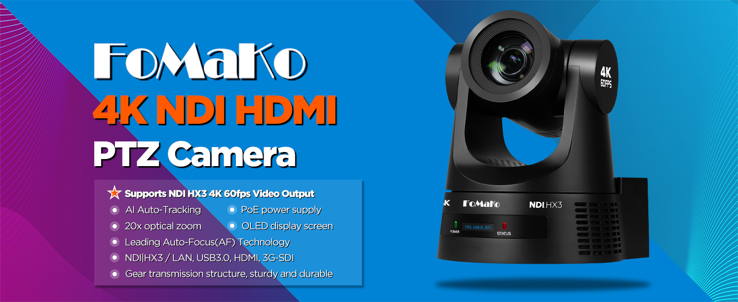 thumbnail video image 2 of FoMaKo 4K 60fps NDI PTZ Camera, Supports NDI HX3 4K 60fps Output, 20x Optical Zoom, KC608 Pro NDI PTZ Camera Controller for Industry Seminar Conference Live Streaming(K600NX2+KC601 Pro+KC608), 2 of 12